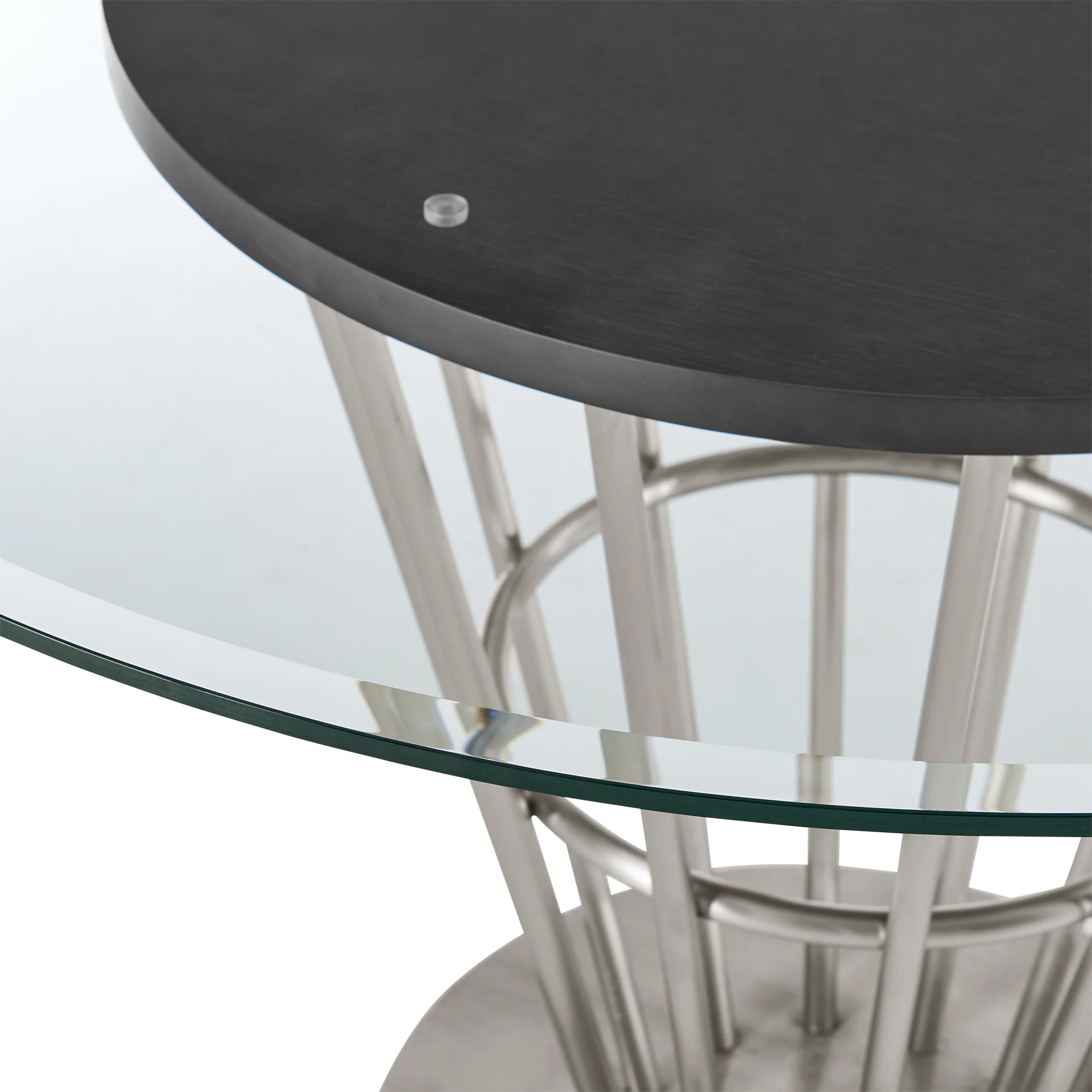 Veronica 48" Round Dining Table in Brushed Stainless Steel Base with Walnut Panel and Glass Tabletop By Armen Living - Image 7
