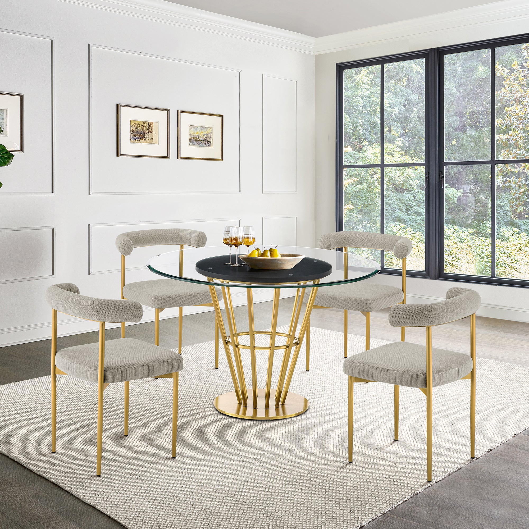 Veronica 48" Round Dining Table in Gold Stainless Steel Base with Walnut Panel and Glass Tabletop By Armen Living - Image 2