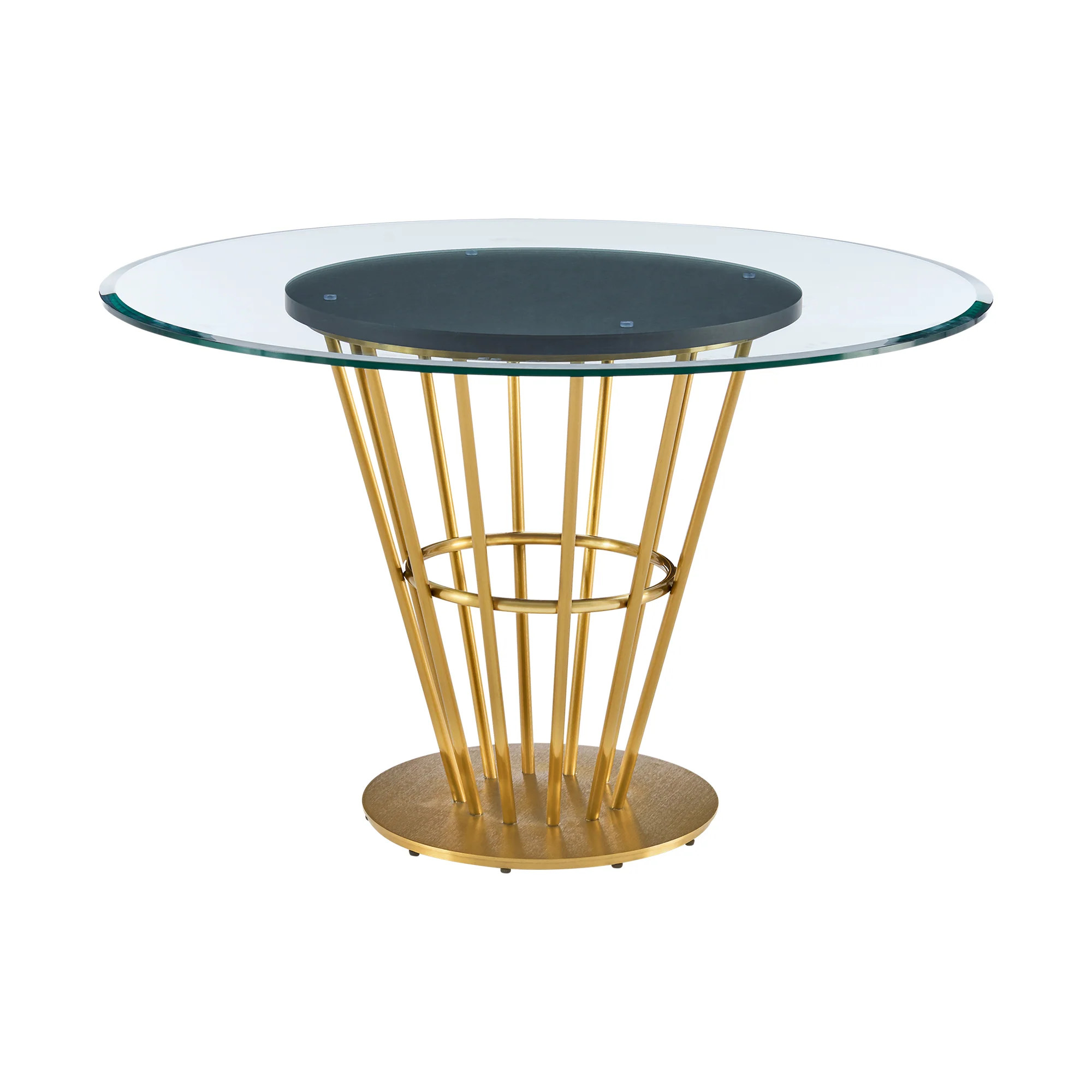 Veronica 48" Round Dining Table in Gold Stainless Steel Base with Walnut Panel and Glass Tabletop By Armen Living - Image 3