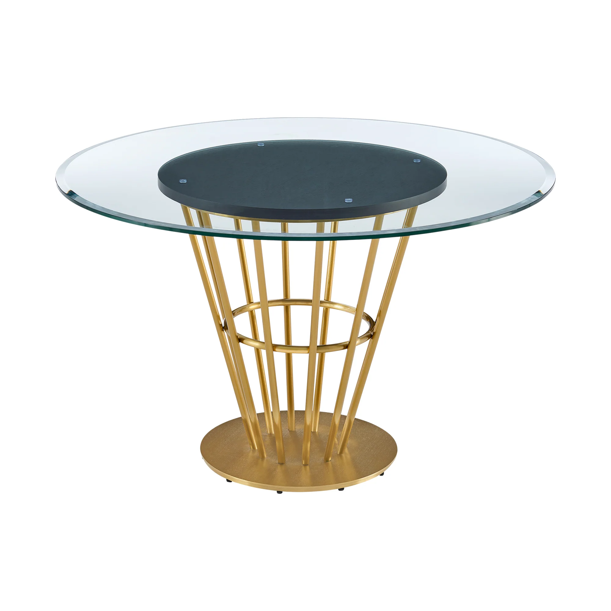 Veronica 48" Round Dining Table in Gold Stainless Steel Base with Walnut Panel and Glass Tabletop By Armen Living - Image 4