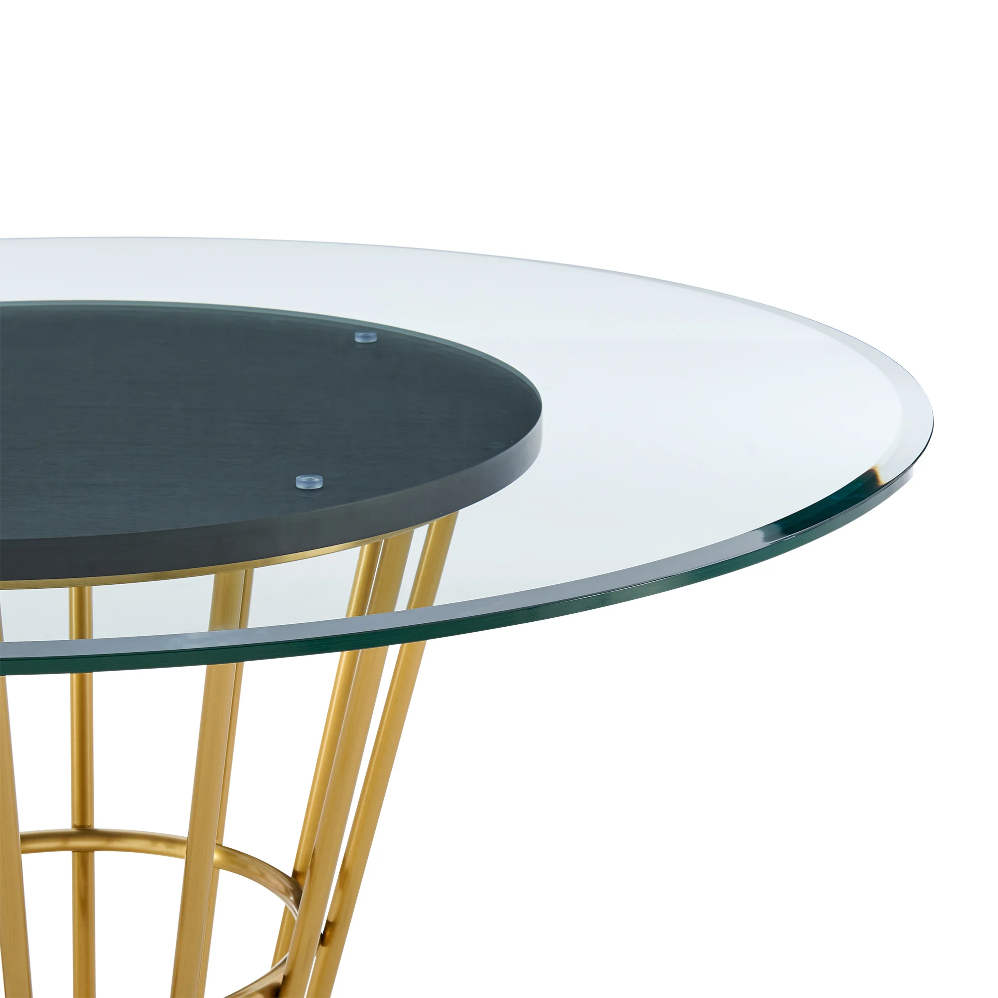 Veronica 48" Round Dining Table in Gold Stainless Steel Base with Walnut Panel and Glass Tabletop By Armen Living - Image 5