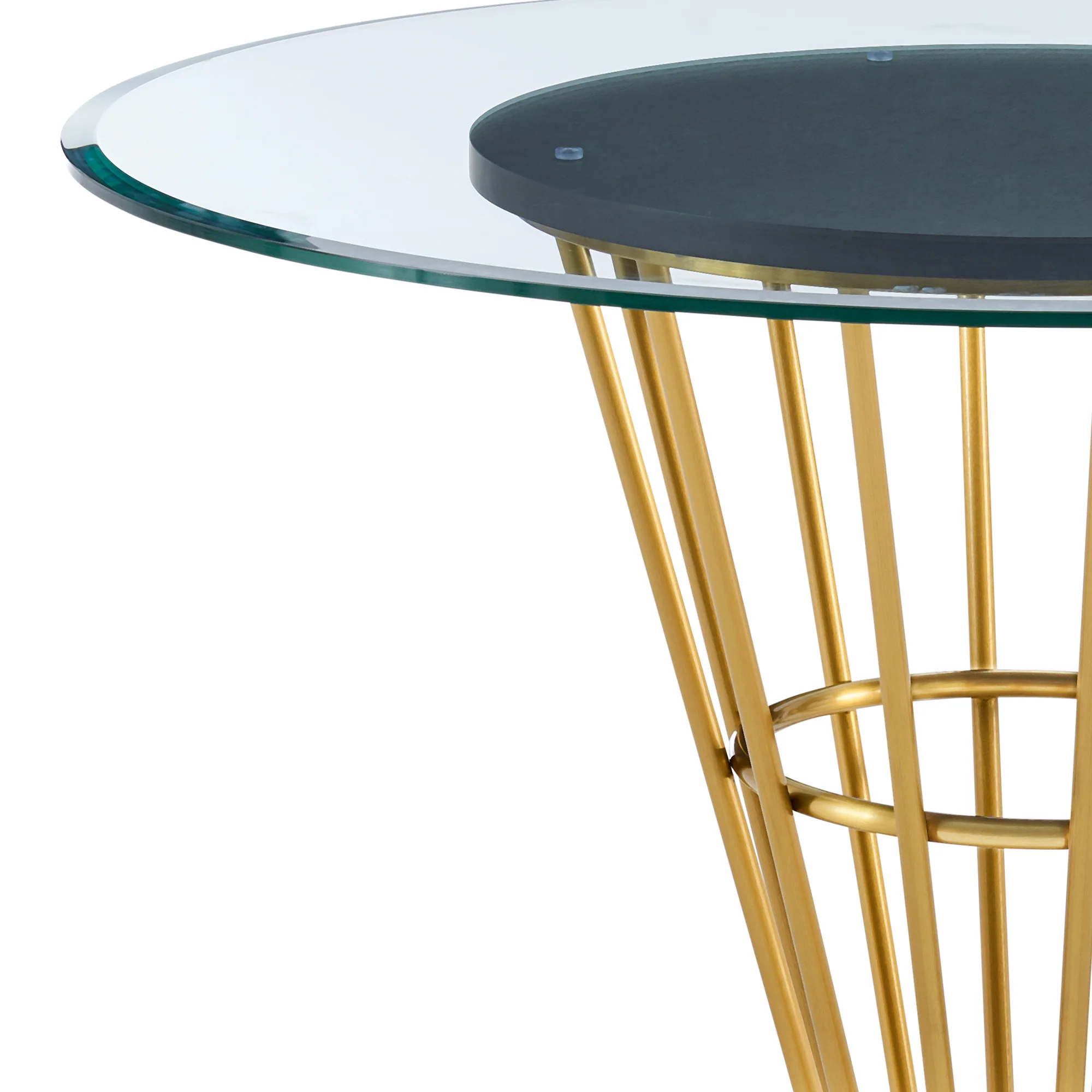 Veronica 48" Round Dining Table in Gold Stainless Steel Base with Walnut Panel and Glass Tabletop By Armen Living - Image 6