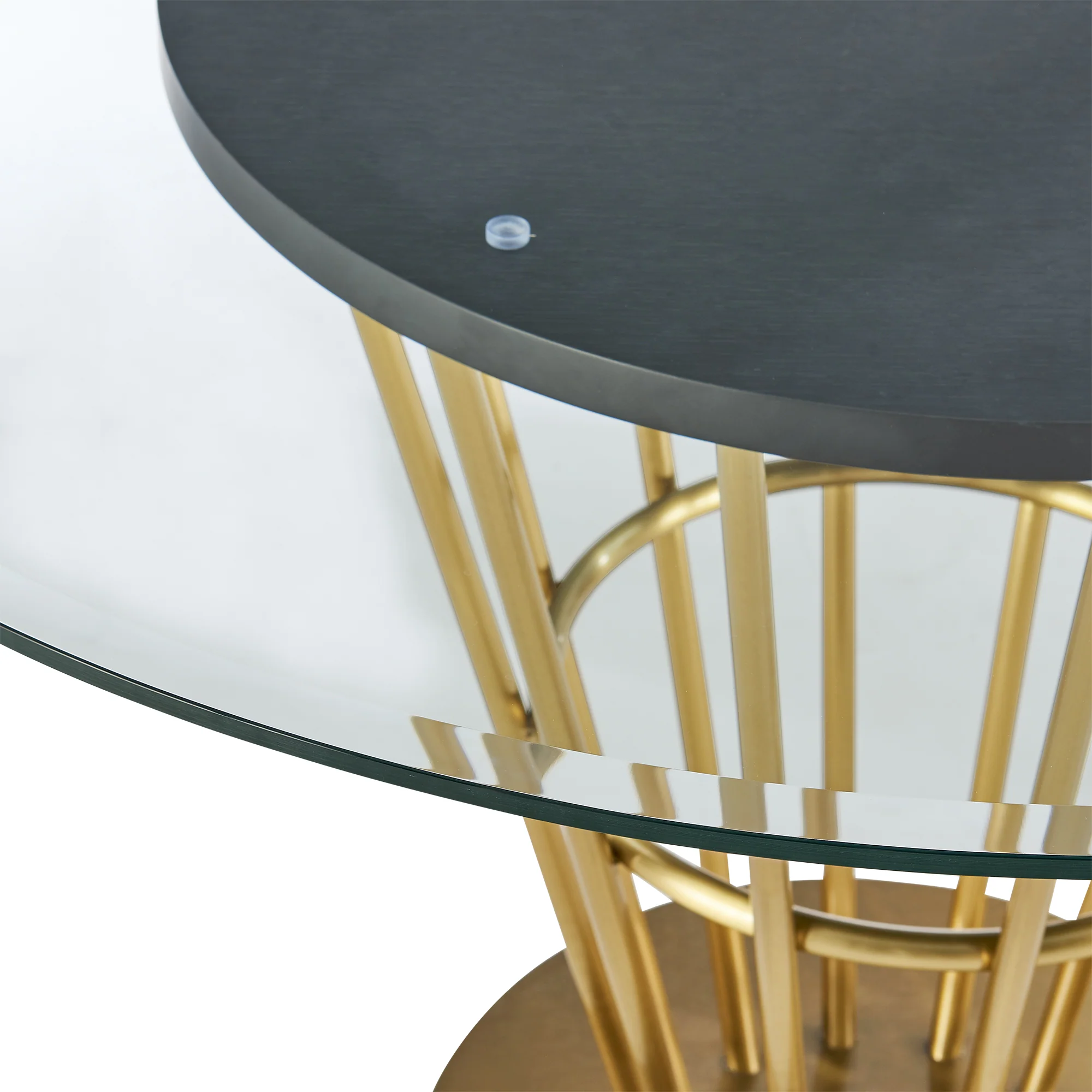 Veronica 48" Round Dining Table in Gold Stainless Steel Base with Walnut Panel and Glass Tabletop By Armen Living - Image 7