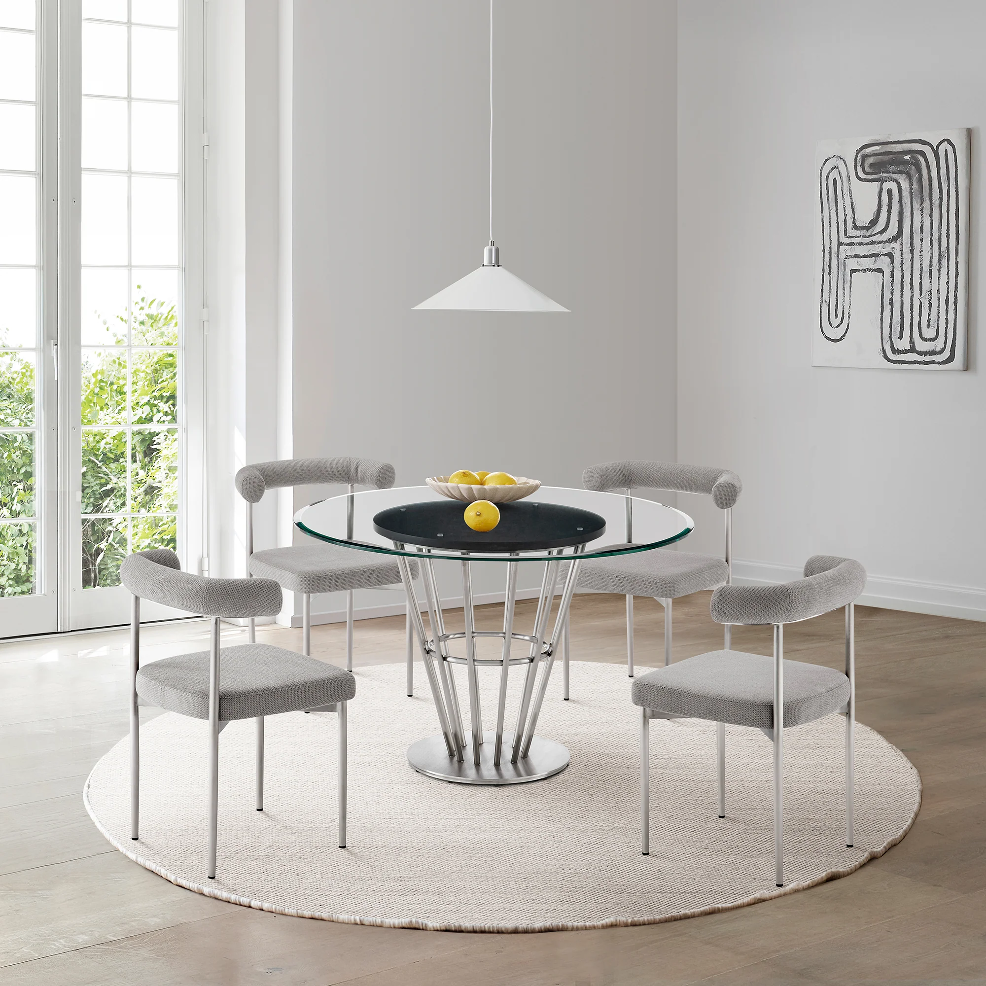 Veronica Shannon 5 Piece Round Glass Dining Table Set with Gold Brushed Stainless Steel and Taupe Fabric By Armen Living - Image 11
