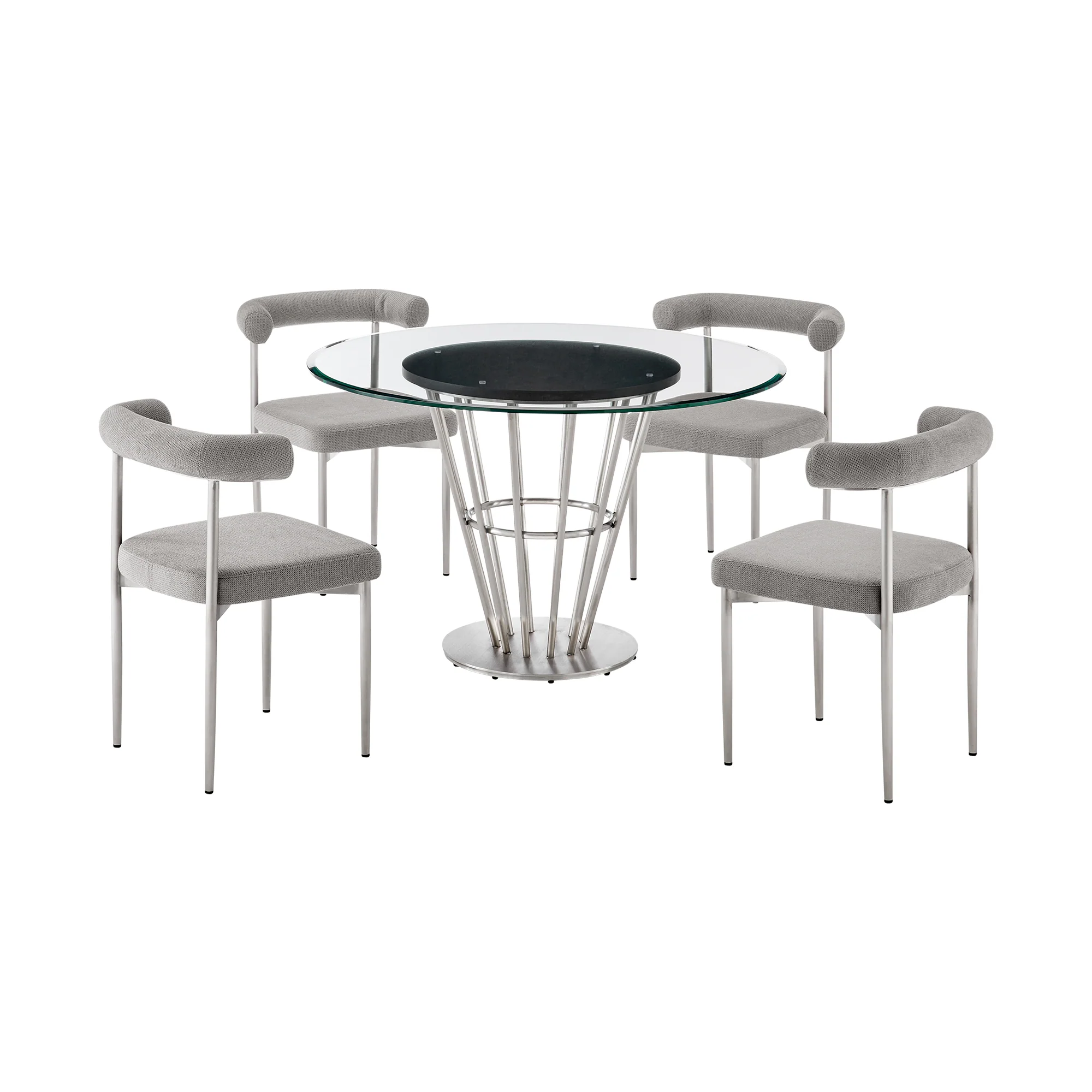 Veronica Shannon 5 Piece Round Glass Dining Table Set with Gold Brushed Stainless Steel and Taupe Fabric By Armen Living - Image 12