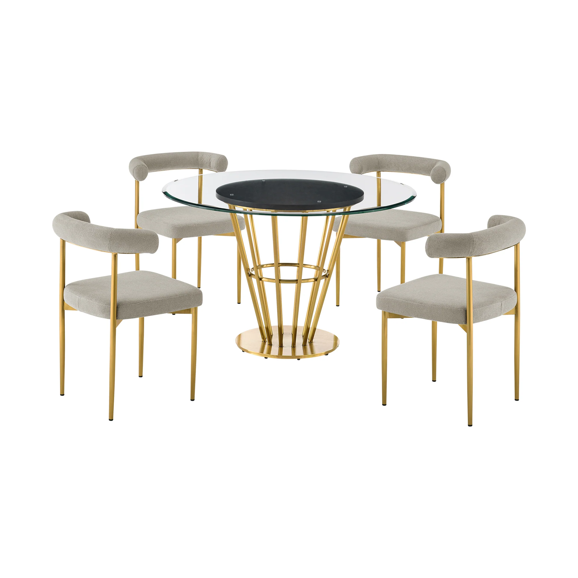 Veronica Shannon 5 Piece Round Glass Dining Table Set with Gold Brushed Stainless Steel and Taupe Fabric By Armen Living - Image 2
