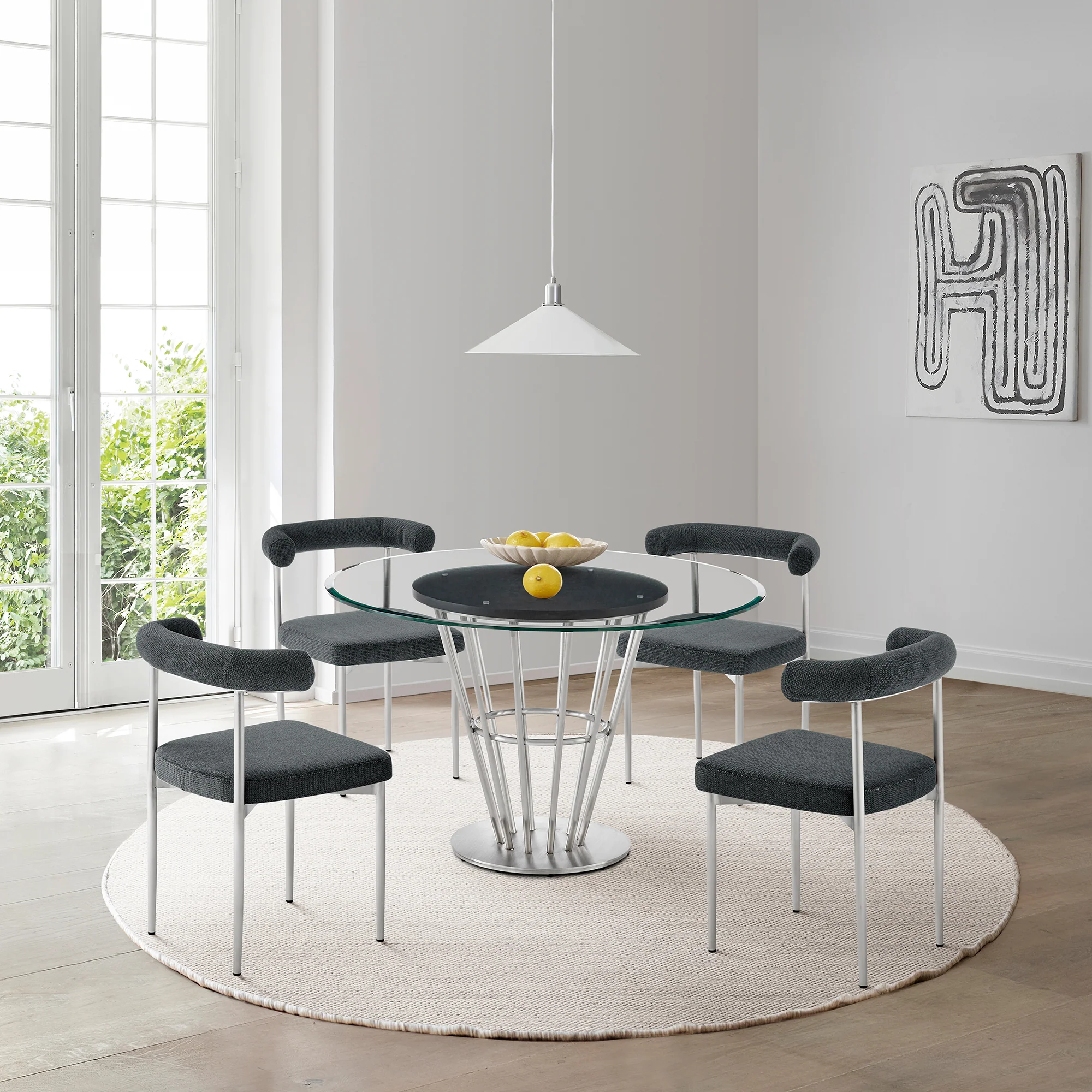 Veronica Shannon 5 Piece Round Glass Dining Table Set with Gold Brushed Stainless Steel and Taupe Fabric By Armen Living - Image 21
