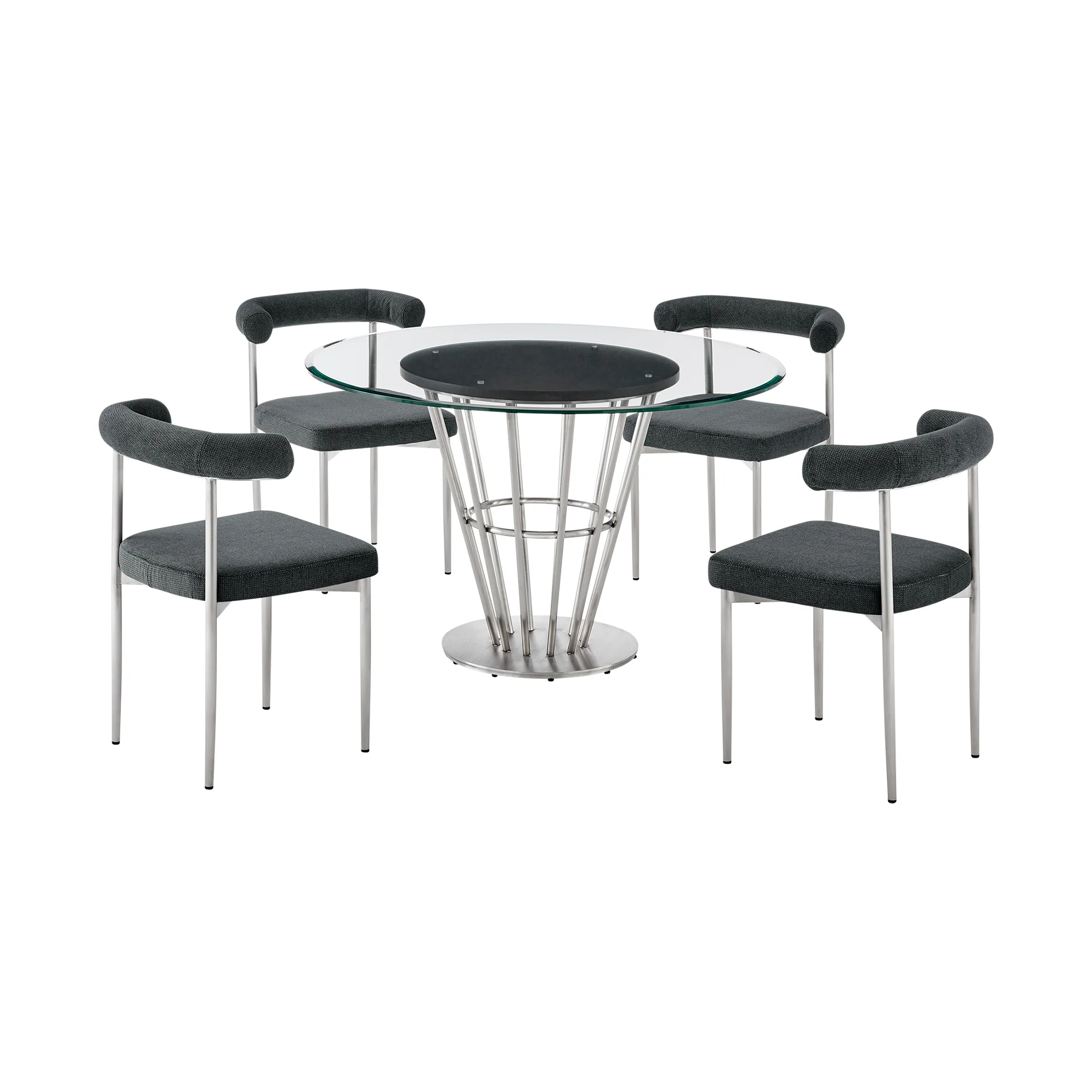 Veronica Shannon 5 Piece Round Glass Dining Table Set with Gold Brushed Stainless Steel and Taupe Fabric By Armen Living - Image 22