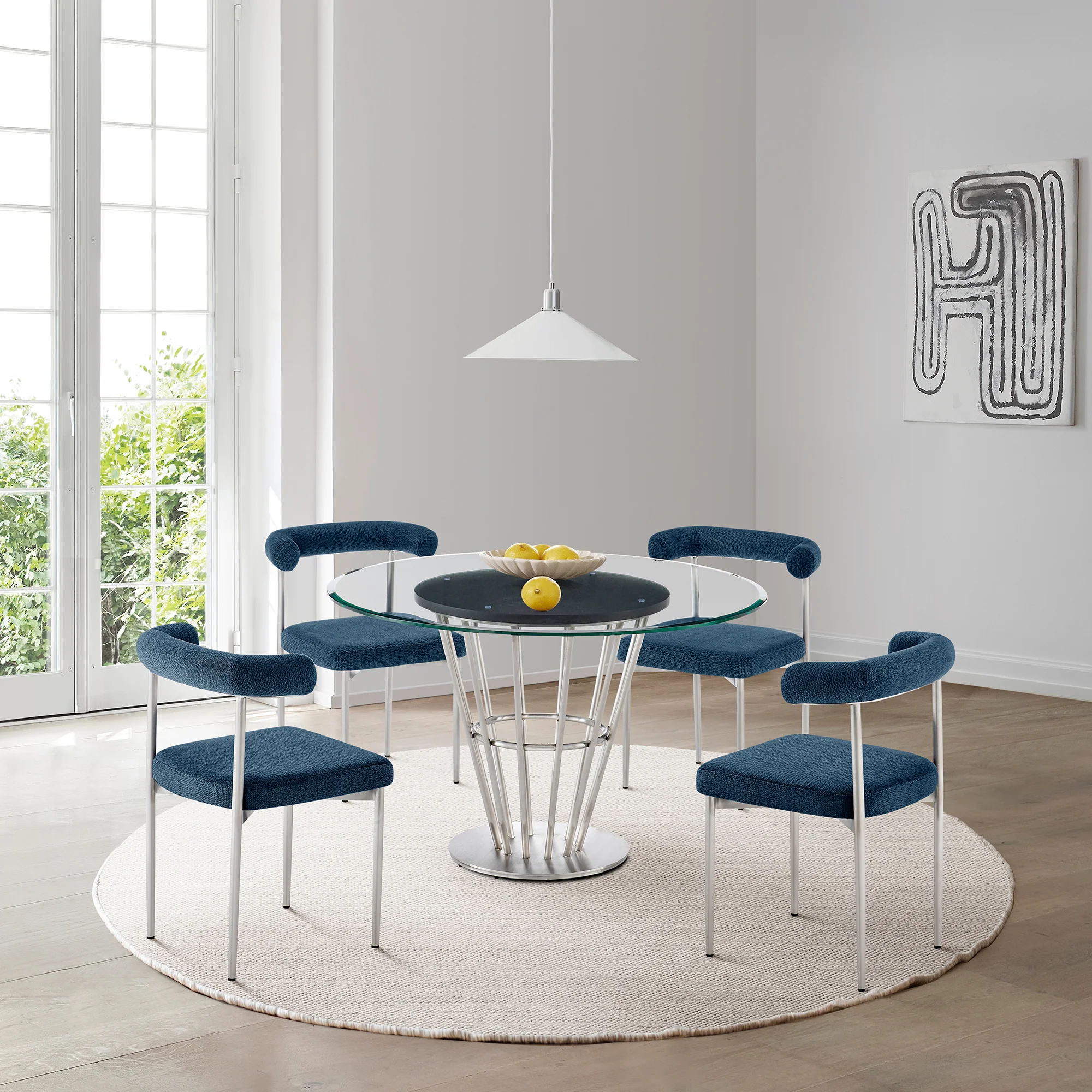Veronica Shannon 5 Piece Round Glass Dining Table Set with Gold Brushed Stainless Steel and Taupe Fabric By Armen Living - Image 31