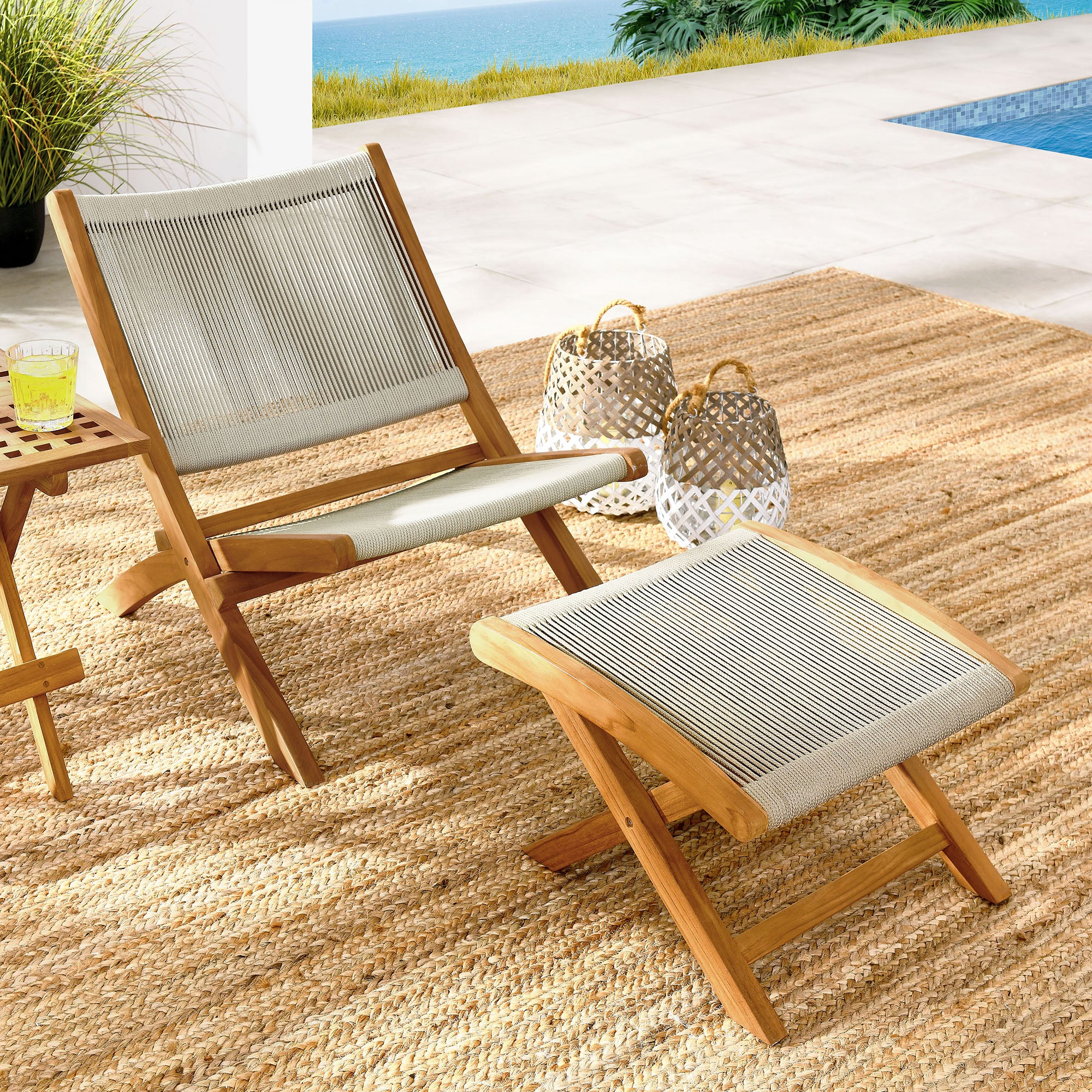 Vienna 2-Piece Outdoor Patio Teak and Rope Folding Accent Lounge Chair and Ottoman Set by Modway - Image 11
