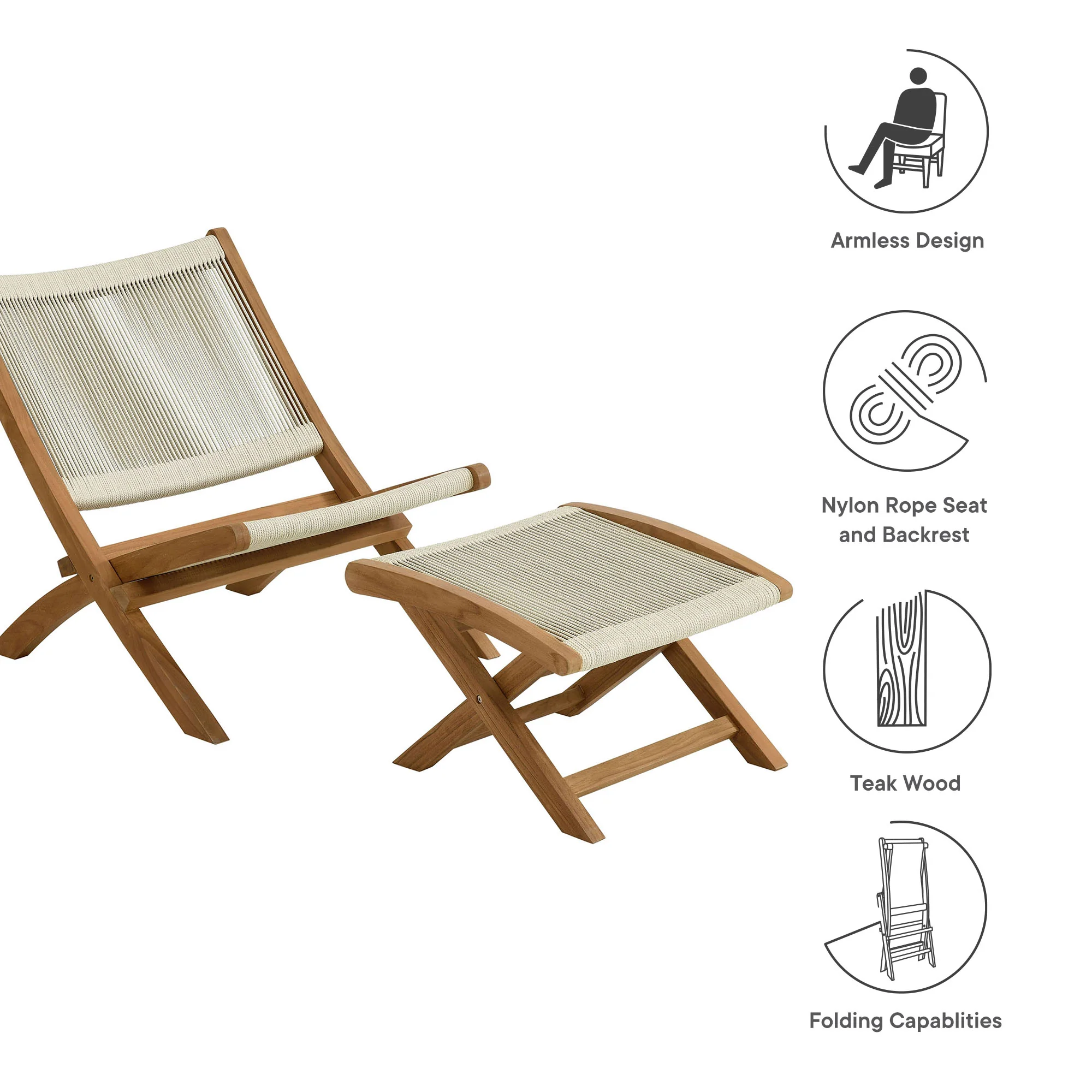 Vienna 2-Piece Outdoor Patio Teak and Rope Folding Accent Lounge Chair and Ottoman Set by Modway - Image 12