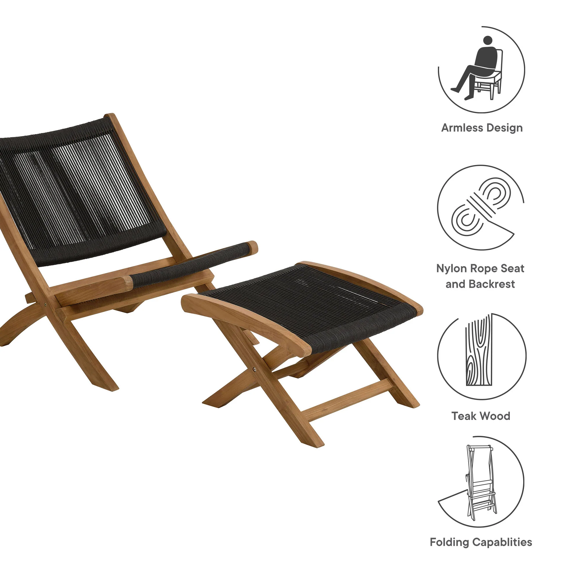 Vienna 2-Piece Outdoor Patio Teak and Rope Folding Accent Lounge Chair and Ottoman Set by Modway - Image 5