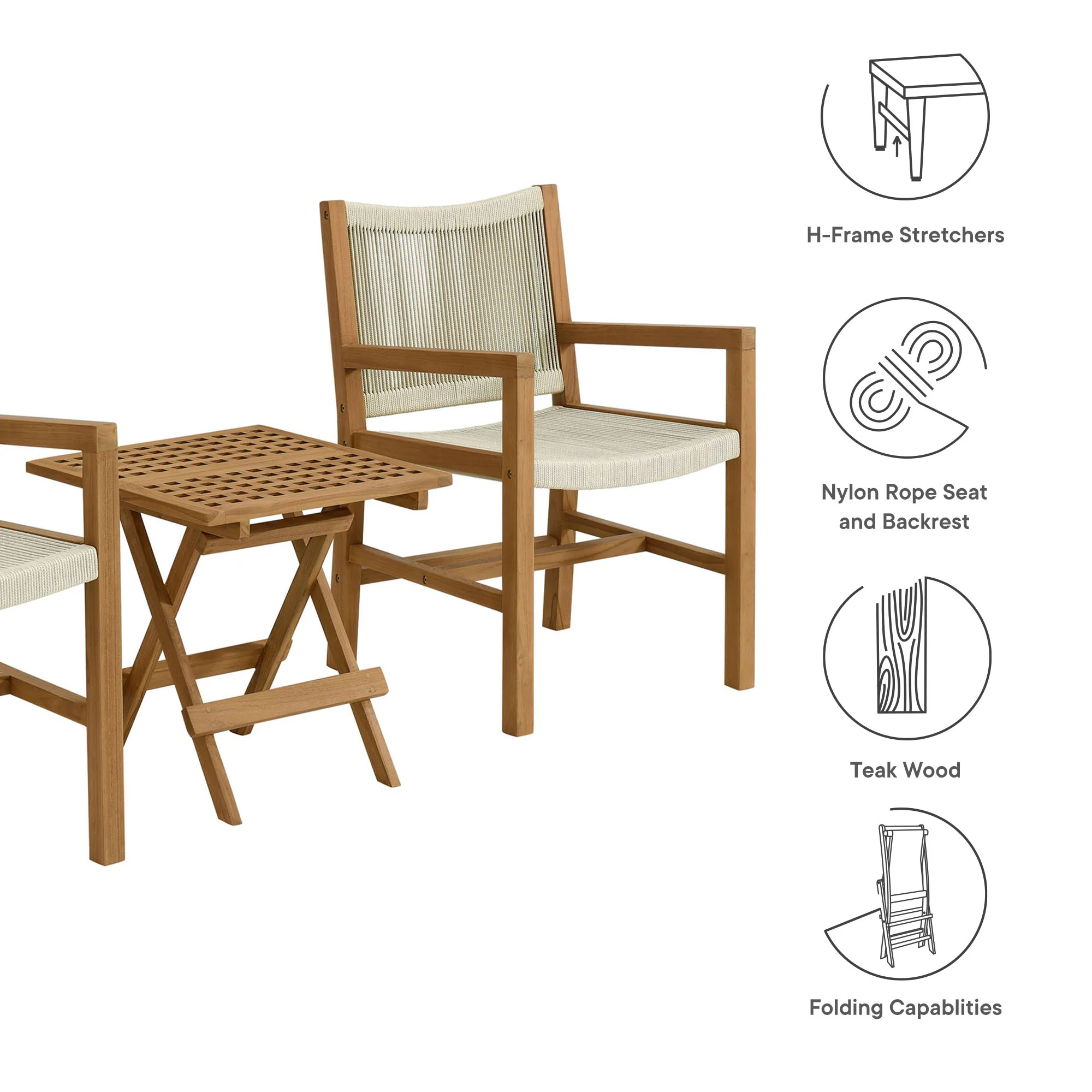 Vienna 3-Piece Outdoor Patio Teak and Rope Armchairs with Folding Side Table by Modway - Image 10