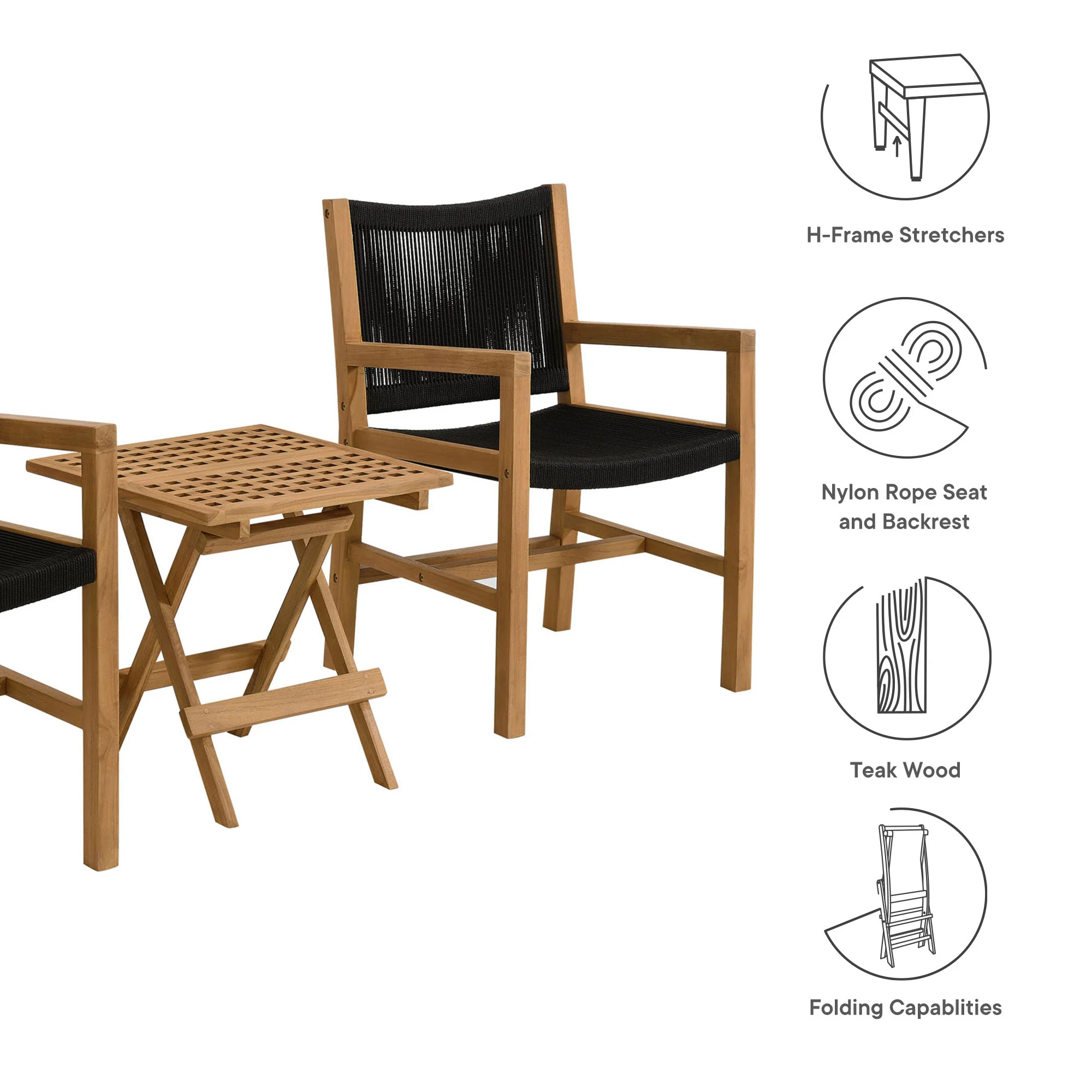 Vienna 3-Piece Outdoor Patio Teak and Rope Armchairs with Folding Side Table by Modway - Image 4