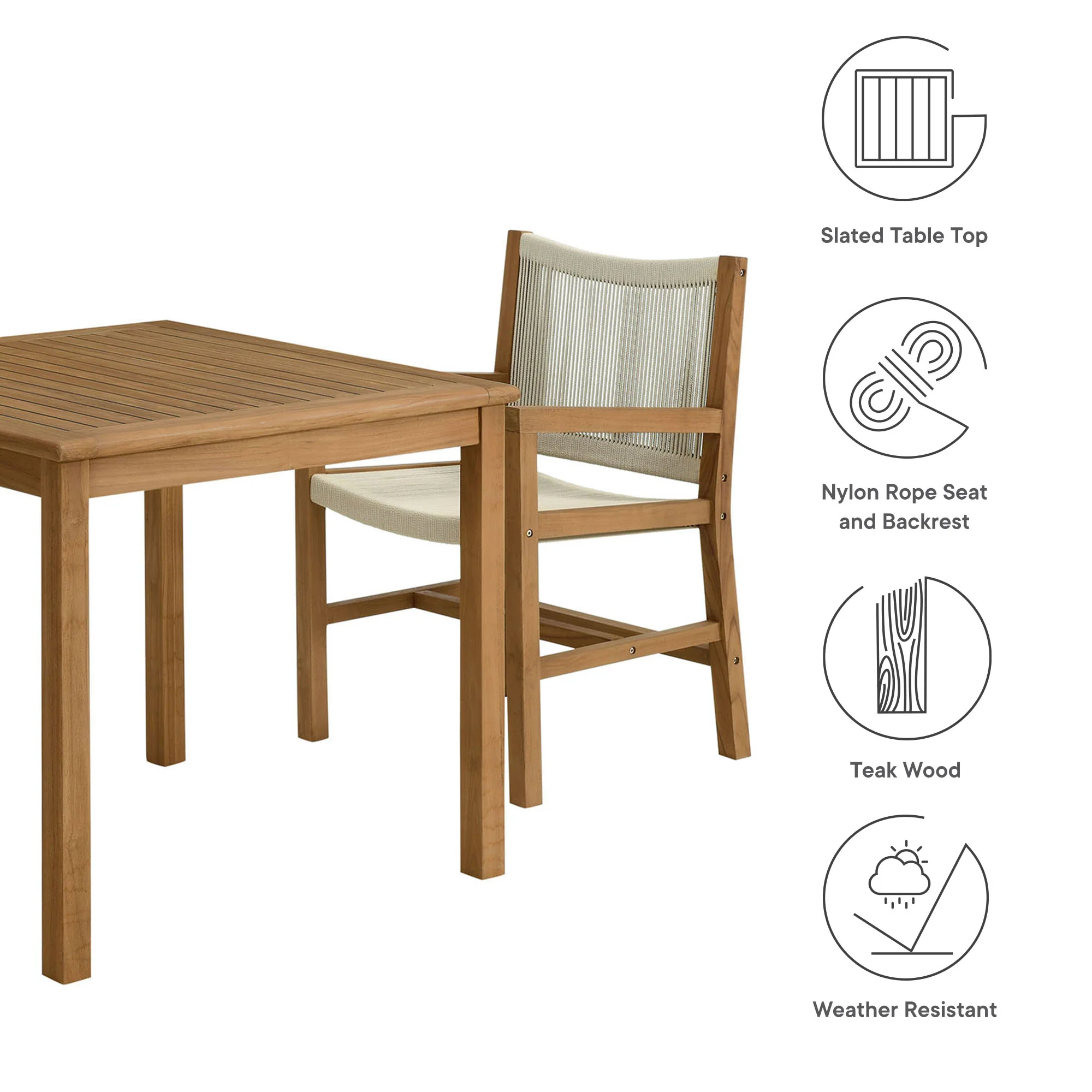 Vienna 3-Piece Outdoor Patio Teak and Rope Dining Set with Armchairs by Modway - Image 10