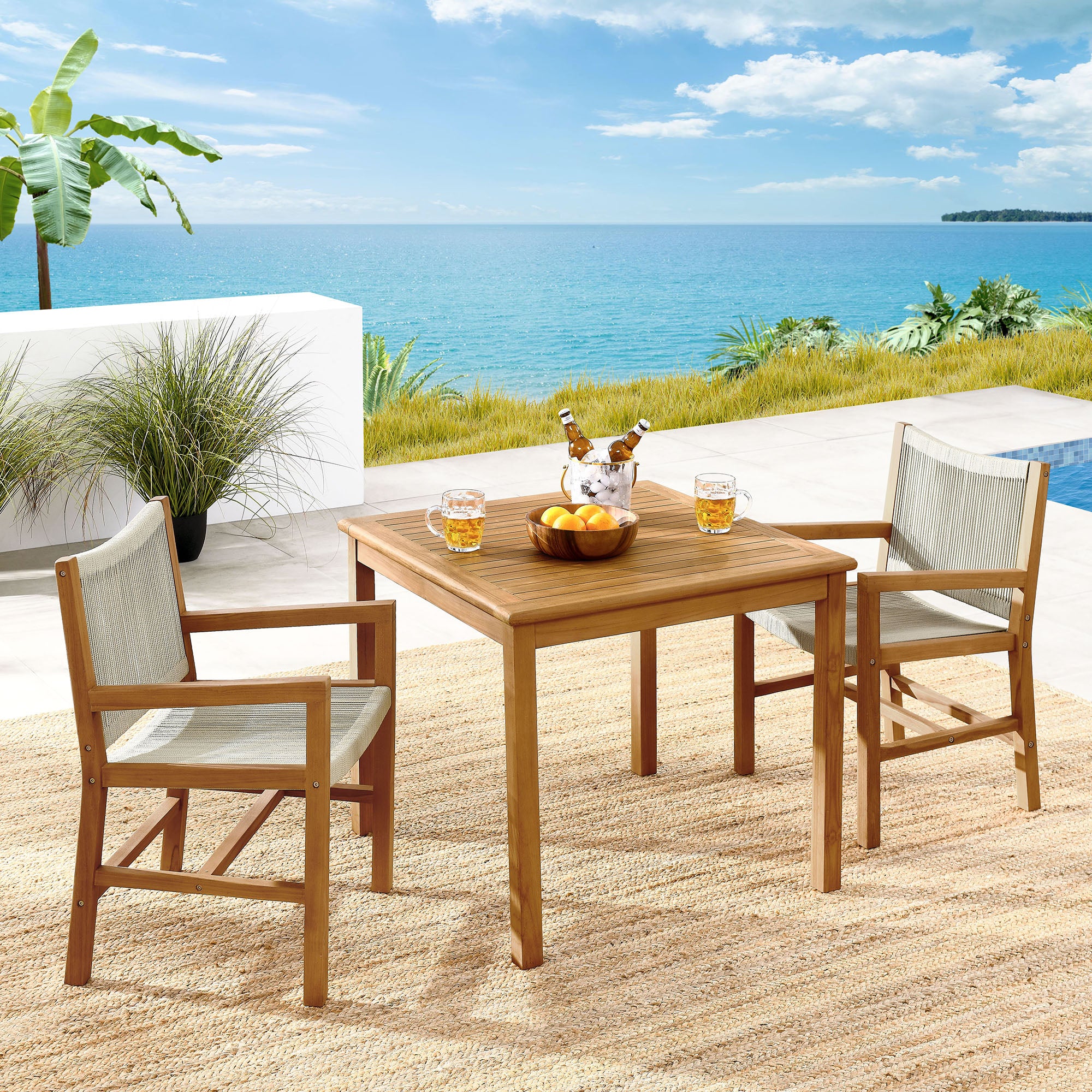 Vienna 3-Piece Outdoor Patio Teak and Rope Dining Set with Armchairs by Modway - Image 9