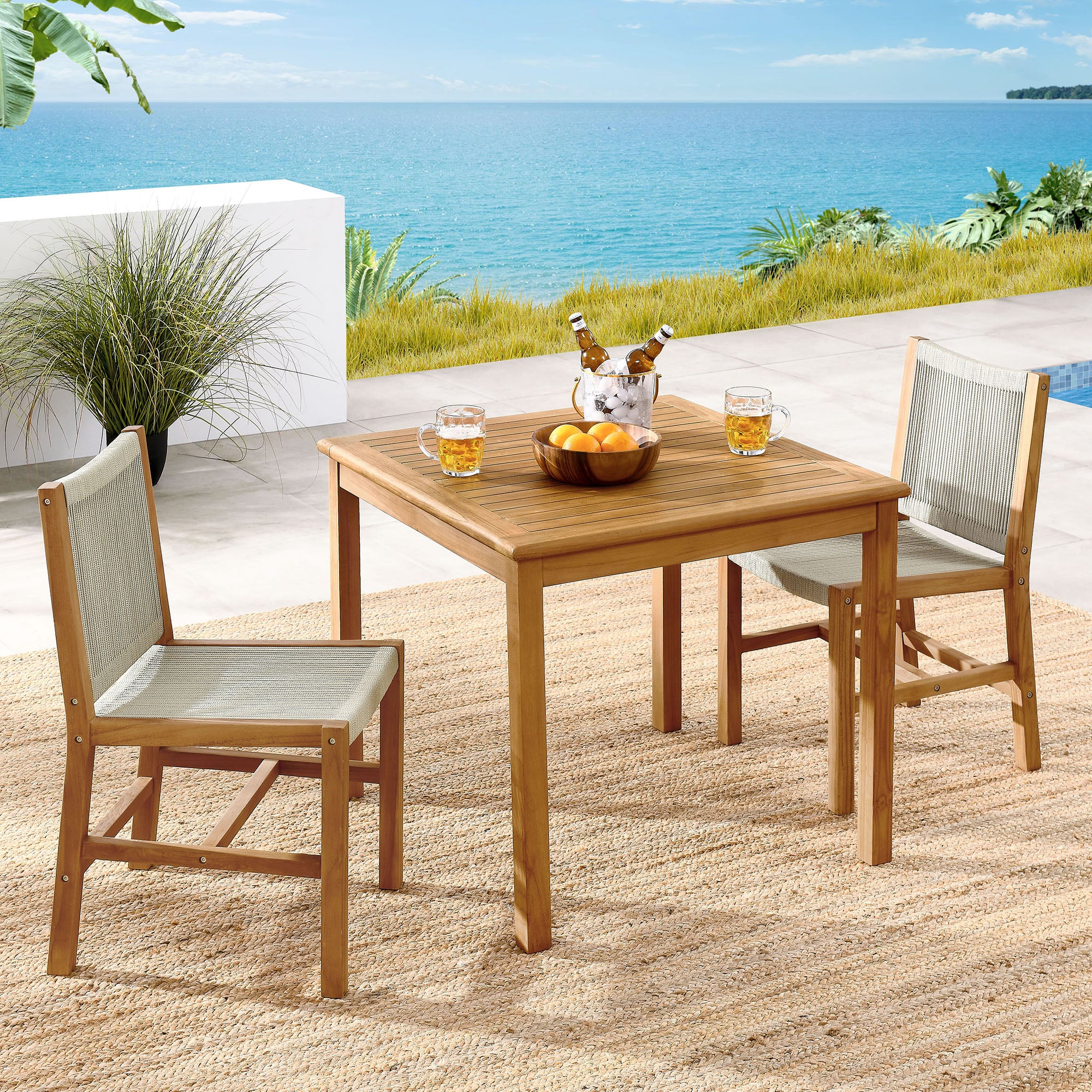 Vienna 3-Piece Outdoor Patio Teak and Rope Dining Set with Armless Chiars by Modway - Image 9