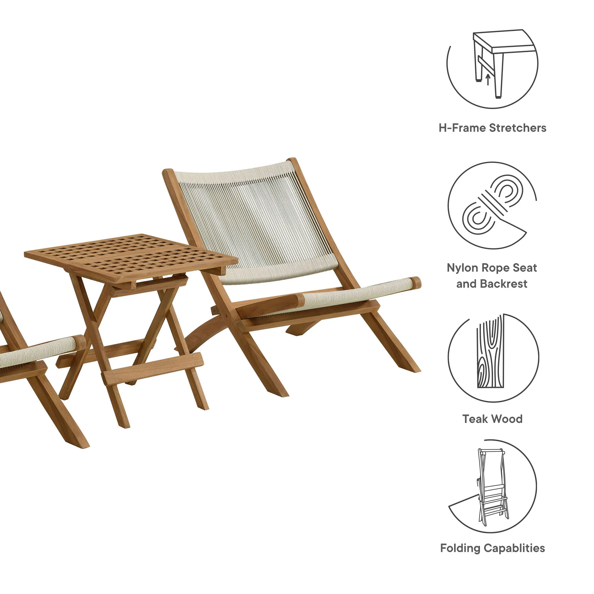 Vienna 3-Piece Outdoor Patio Teak and Rope Folding Lounge Chairs and Side Table by Modway - Image 10