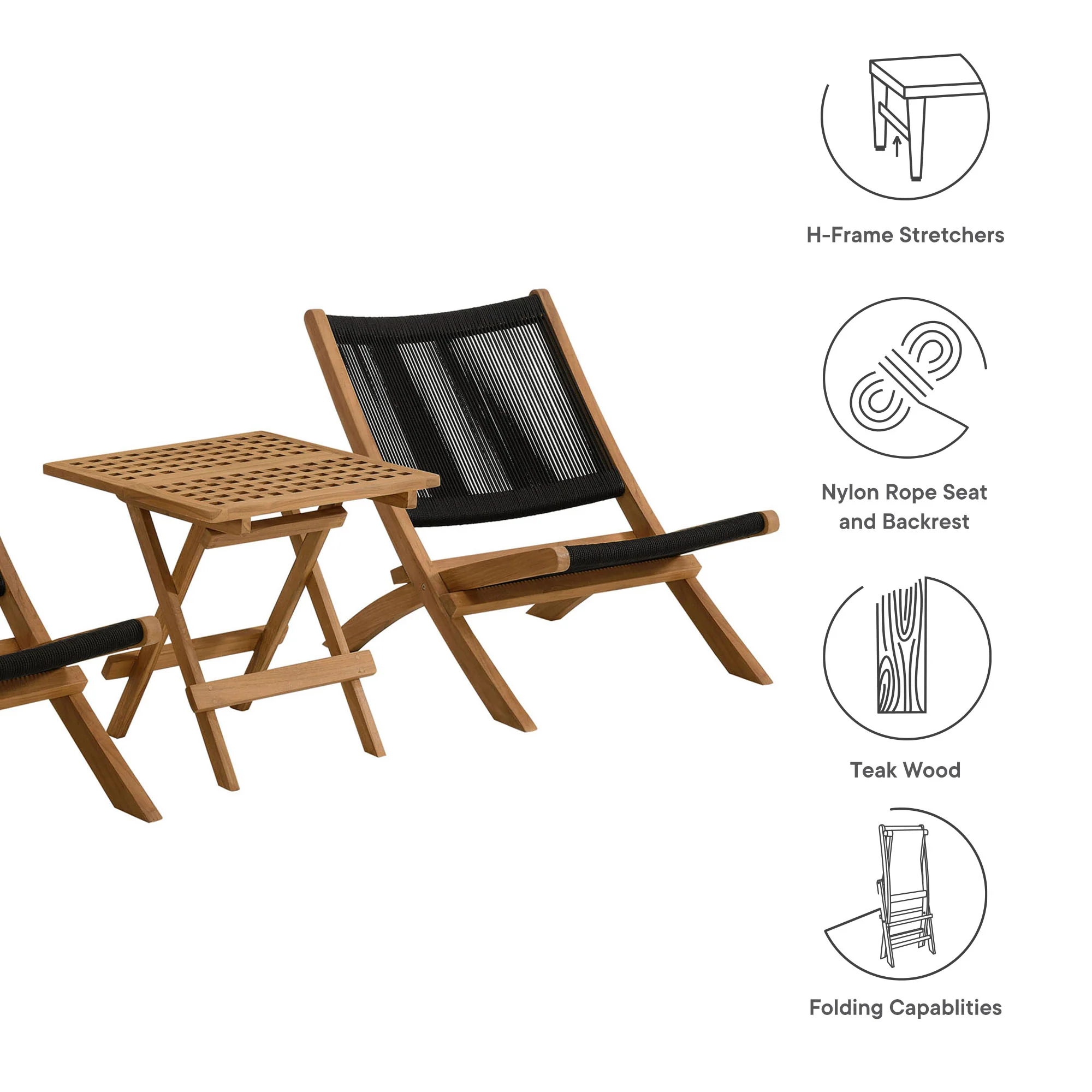 Vienna 3-Piece Outdoor Patio Teak and Rope Folding Lounge Chairs and Side Table by Modway - Image 4