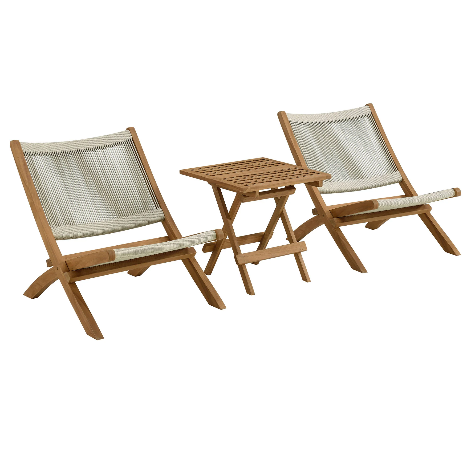 Vienna 3-Piece Outdoor Patio Teak and Rope Folding Lounge Chairs and Side Table by Modway - Image 7