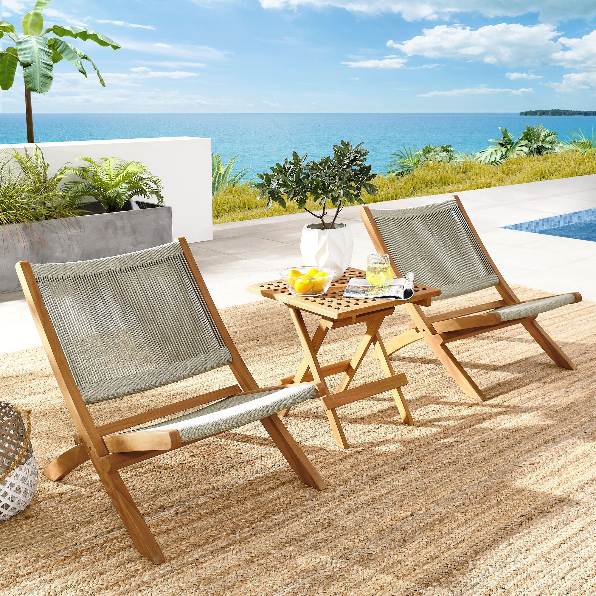 Vienna 3-Piece Outdoor Patio Teak and Rope Folding Lounge Chairs and Side Table by Modway - Image 9