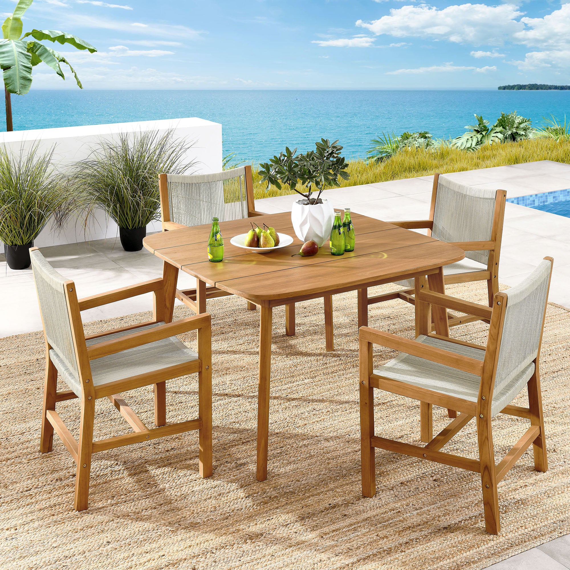 Vienna 5-Piece Outdoor Patio Teak and Rope Dining Set with Armchairs by Modway - Image 9