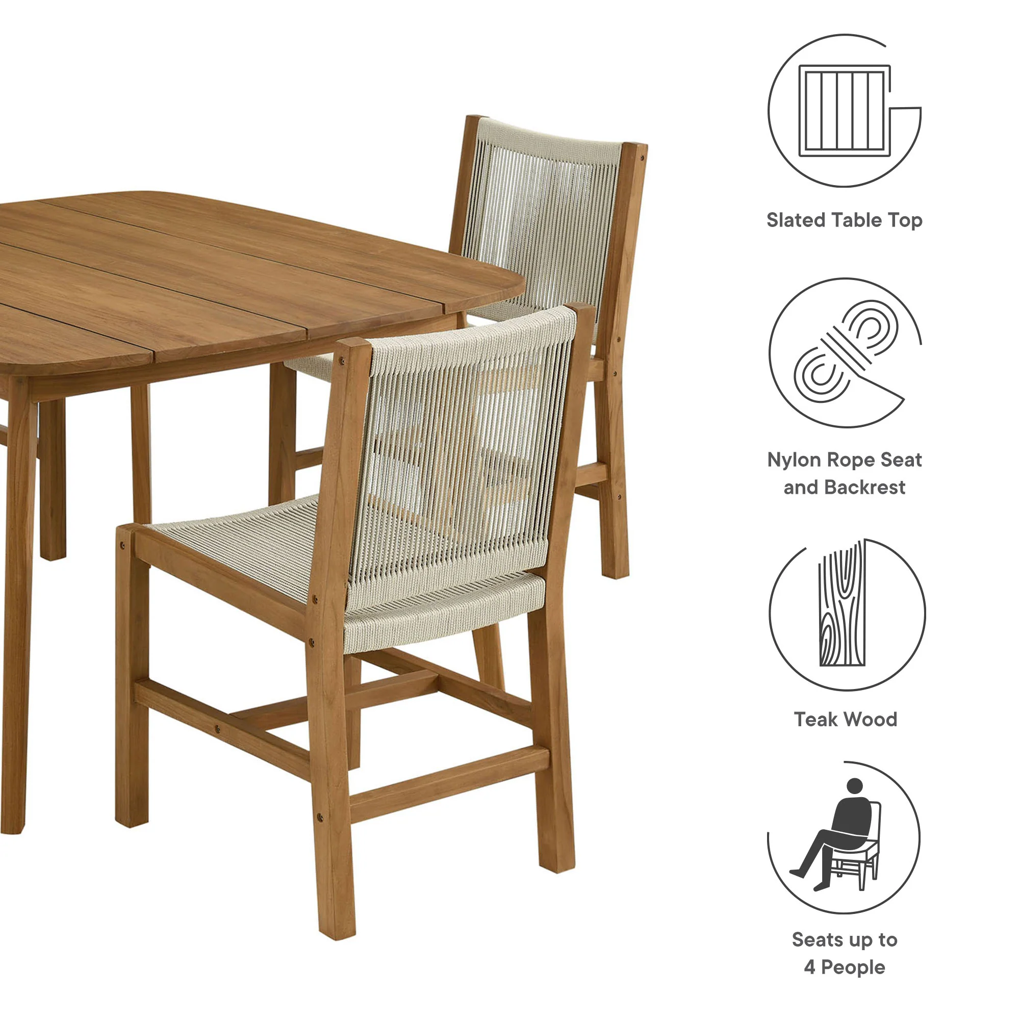 Vienna 5-Piece Outdoor Patio Teak and Rope Dining Set with Armless Chairs by Modway - Image 10