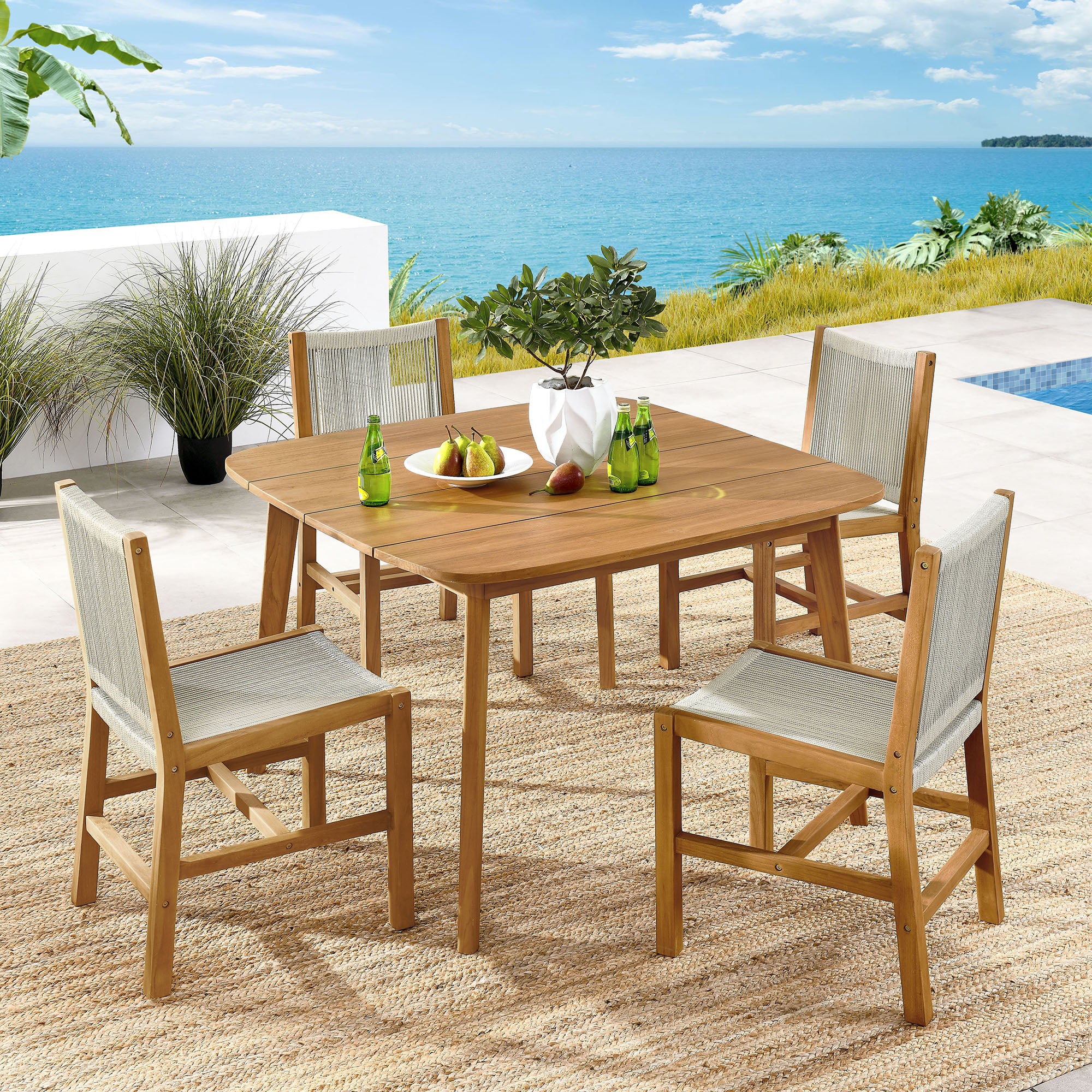 Vienna 5-Piece Outdoor Patio Teak and Rope Dining Set with Armless Chairs by Modway - Image 9