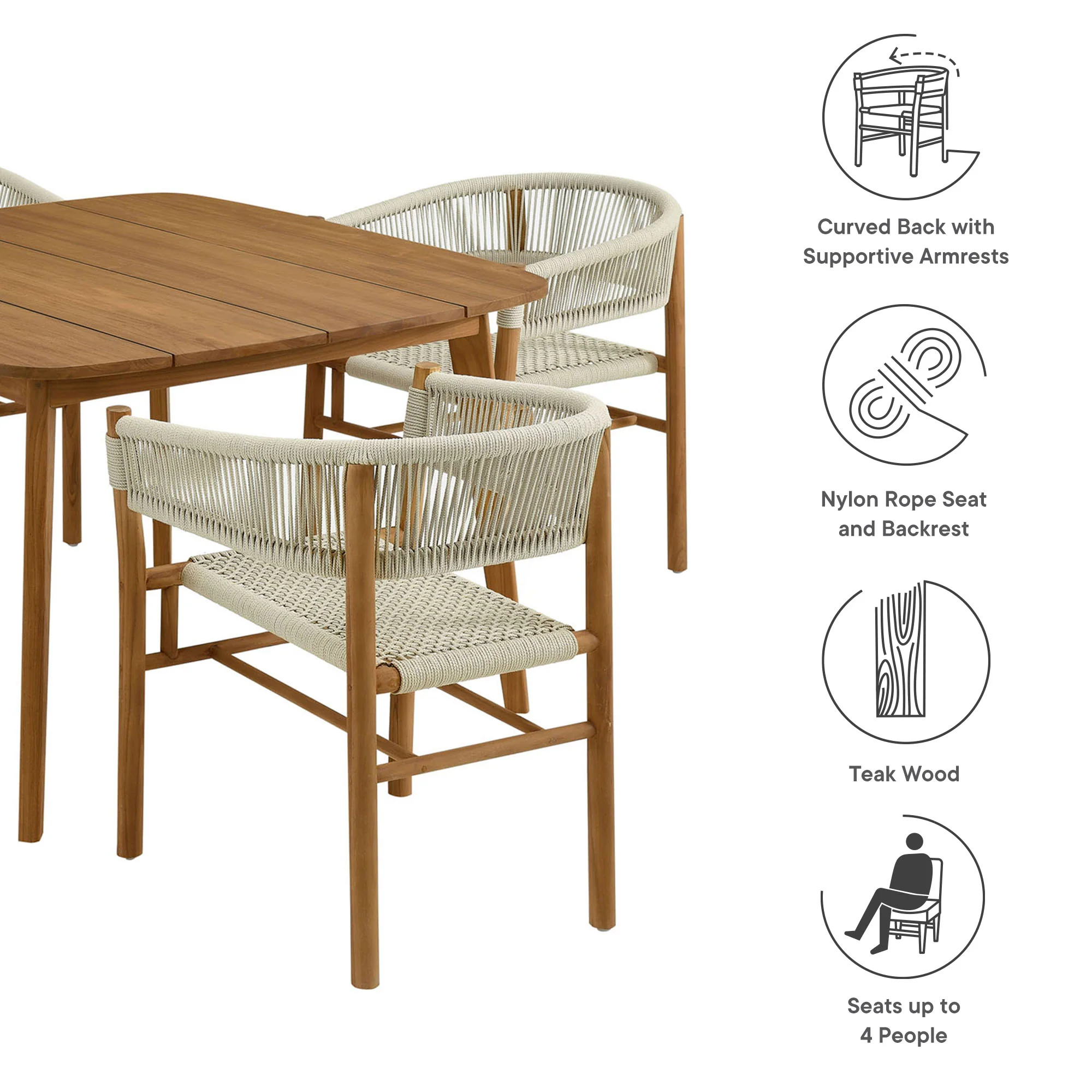 Vienna 5-Piece Outdoor Patio Teak and Rope Dining Set with Curved-Back Armchairs by Modway - Image 10