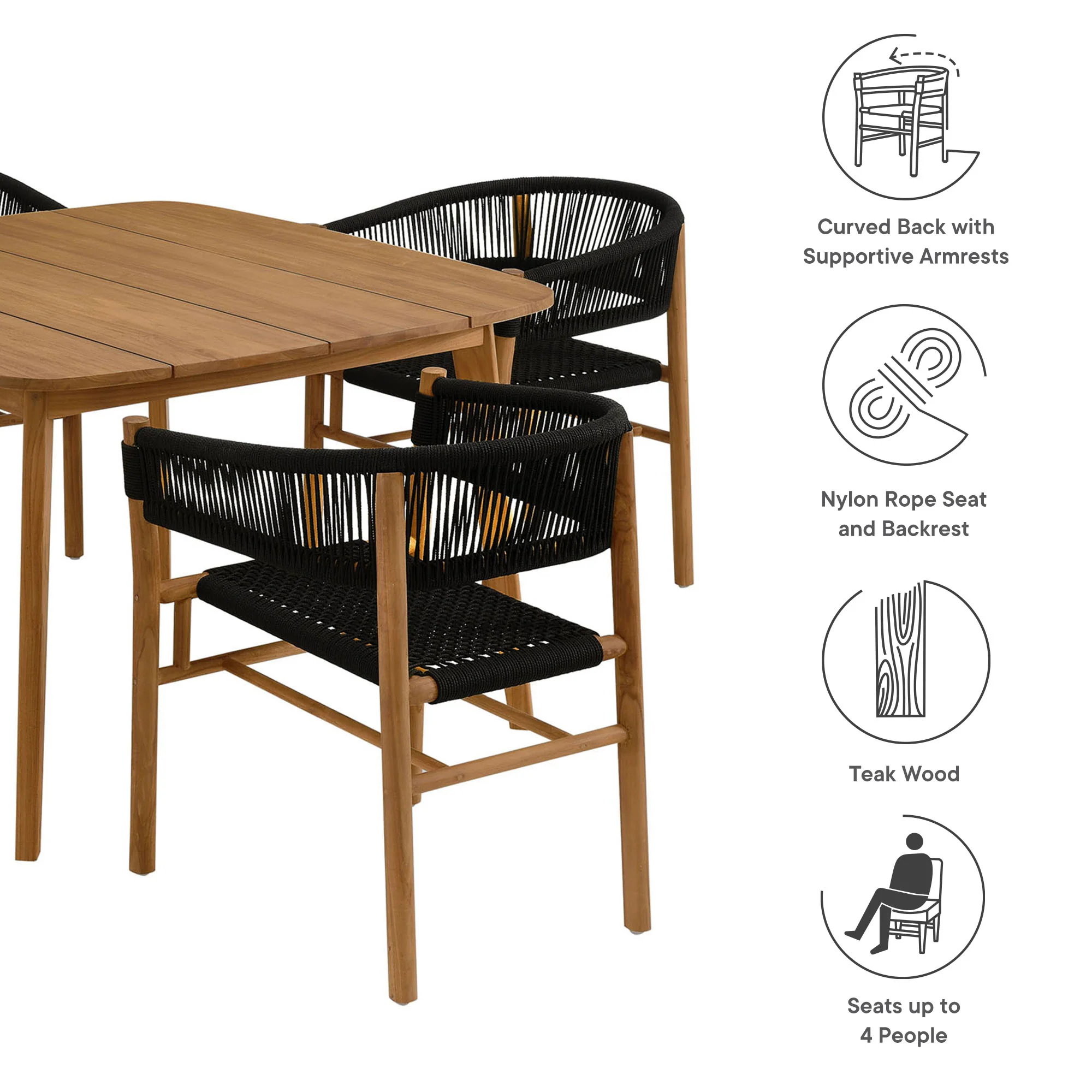 Vienna 5-Piece Outdoor Patio Teak and Rope Dining Set with Curved-Back Armchairs by Modway - Image 4