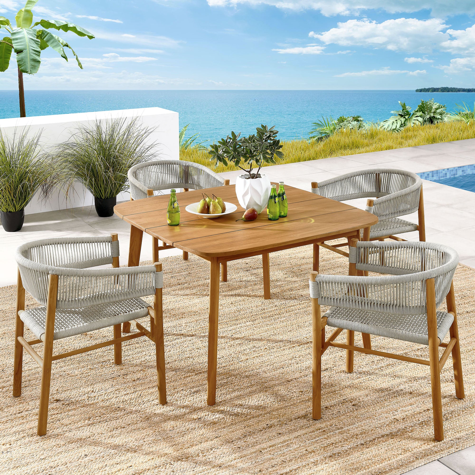 Vienna 5-Piece Outdoor Patio Teak and Rope Dining Set with Curved-Back Armchairs by Modway - Image 9