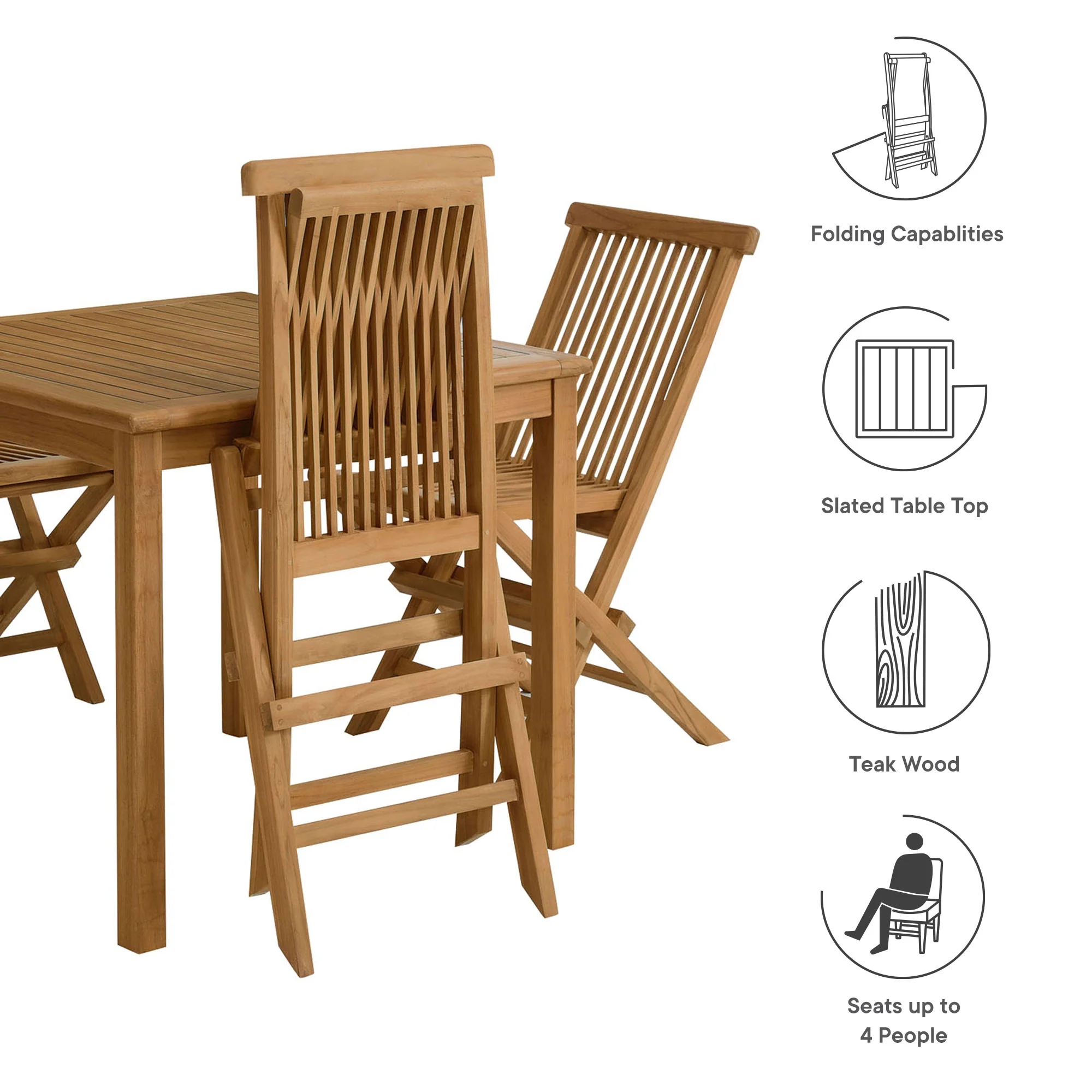Vienna 5-Piece Outdoor Patio Teak Wood Dining Set with Folding Chairs by Modway - Image 5