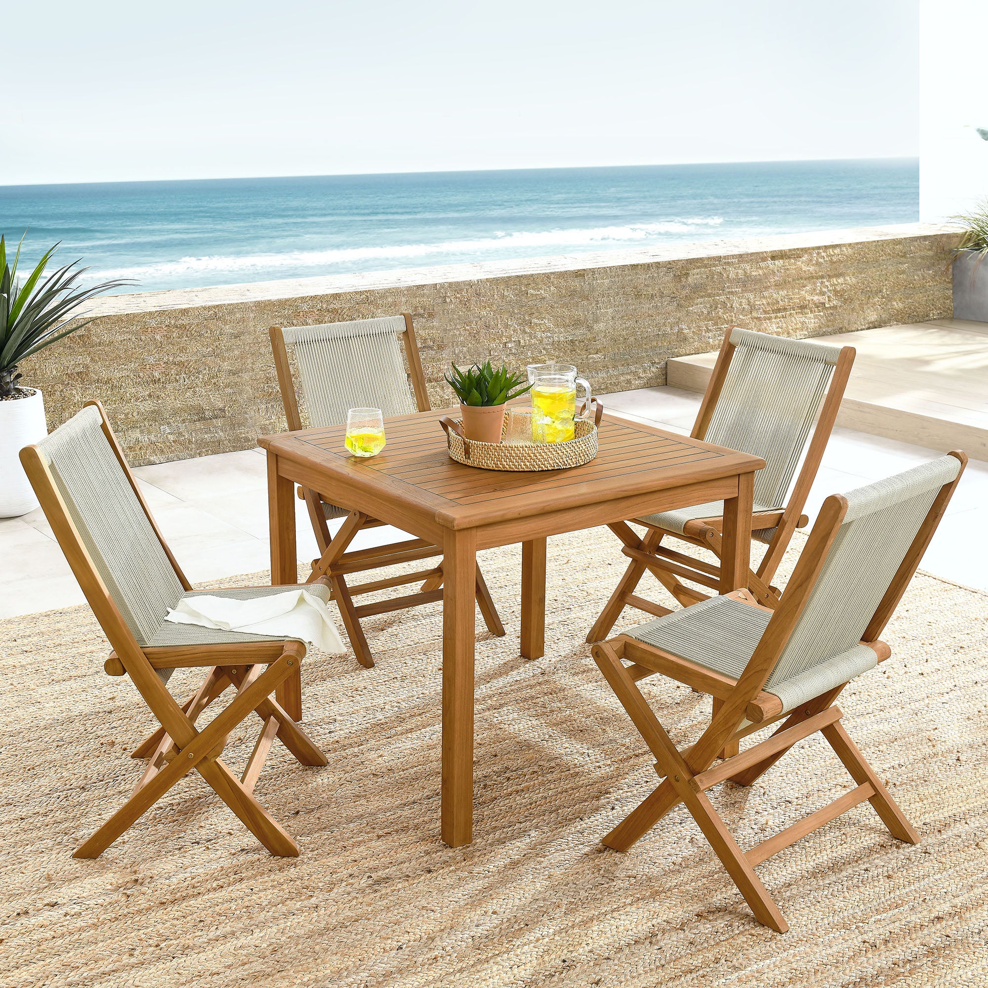 Vienna 5-Piece Outdoor Patio Teak Wood Dining Set with Rope Folding Chairs by Modway - Image 11