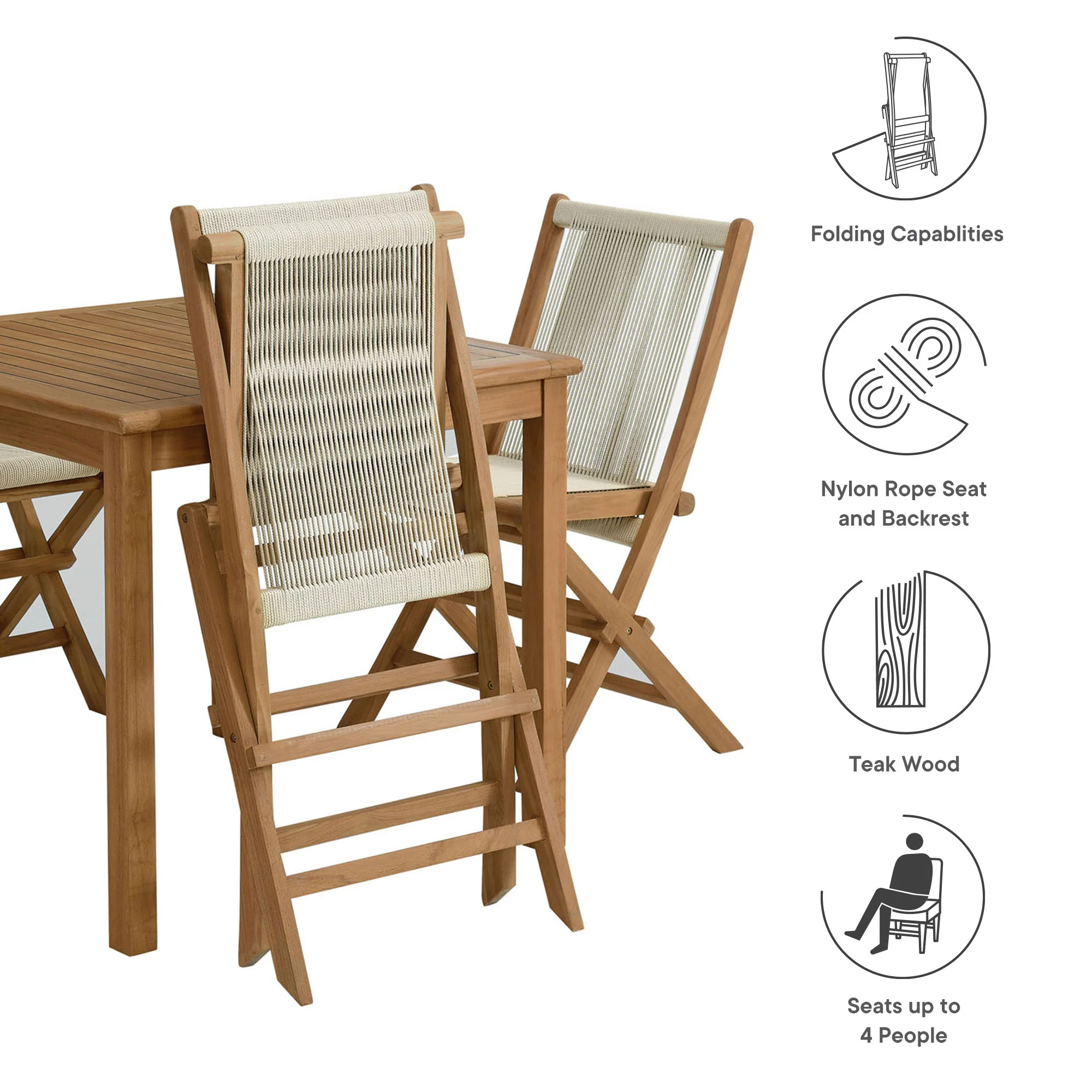 Vienna 5-Piece Outdoor Patio Teak Wood Dining Set with Rope Folding Chairs by Modway - Image 12