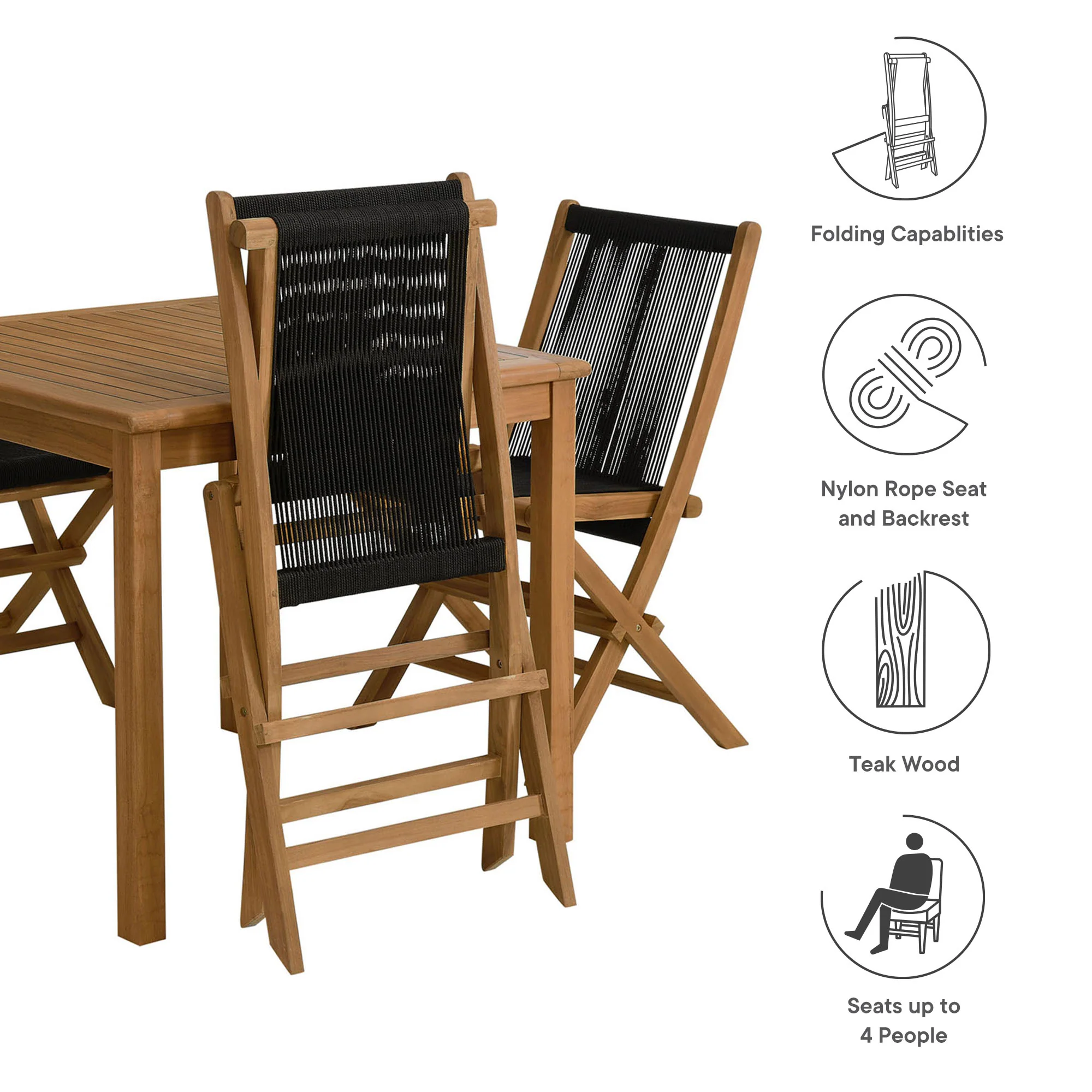 Vienna 5-Piece Outdoor Patio Teak Wood Dining Set with Rope Folding Chairs by Modway - Image 5