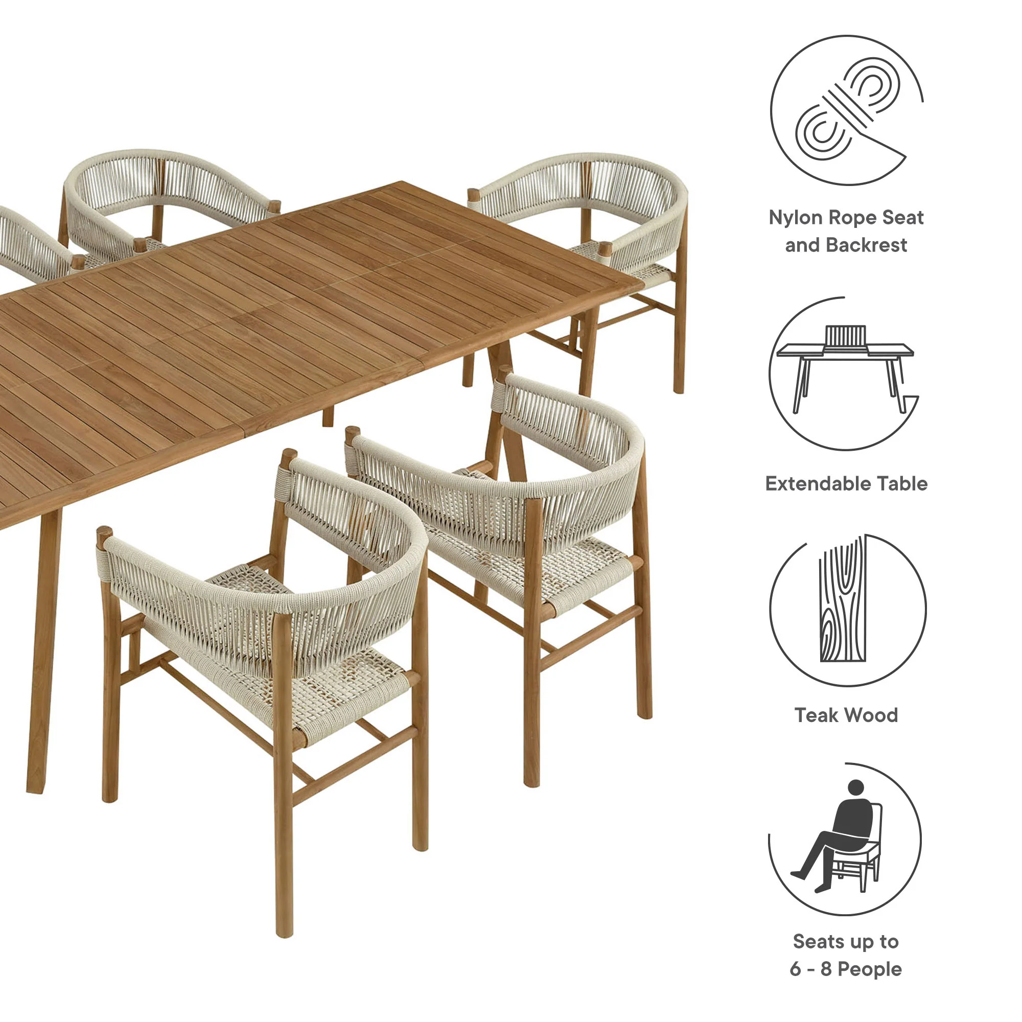 Vienna 7-Piece Outdoor Patio Teak and Rope Dining Set with Curved-Back Armchairs by Modway - Image 10