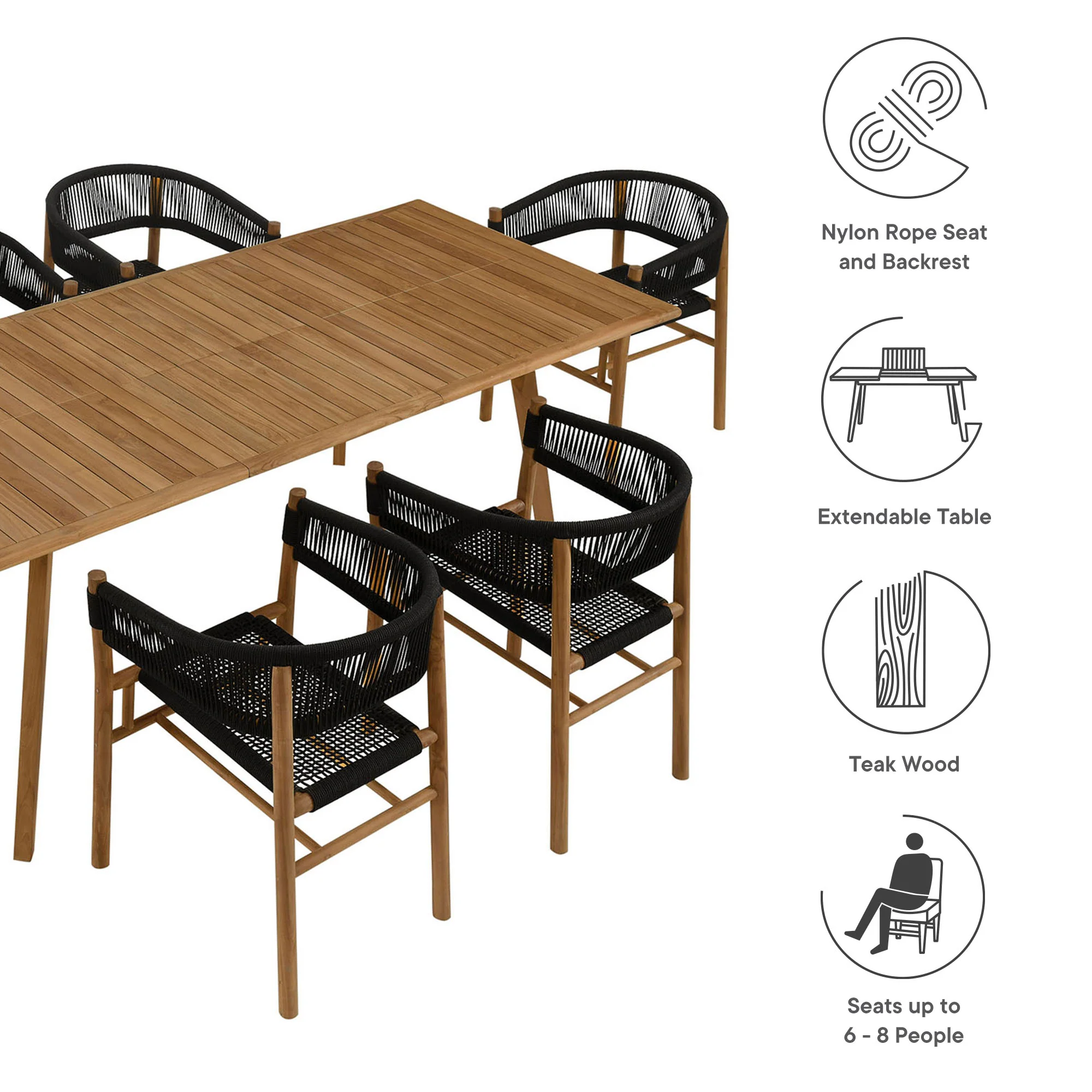Vienna 7-Piece Outdoor Patio Teak and Rope Dining Set with Curved-Back Armchairs by Modway - Image 4
