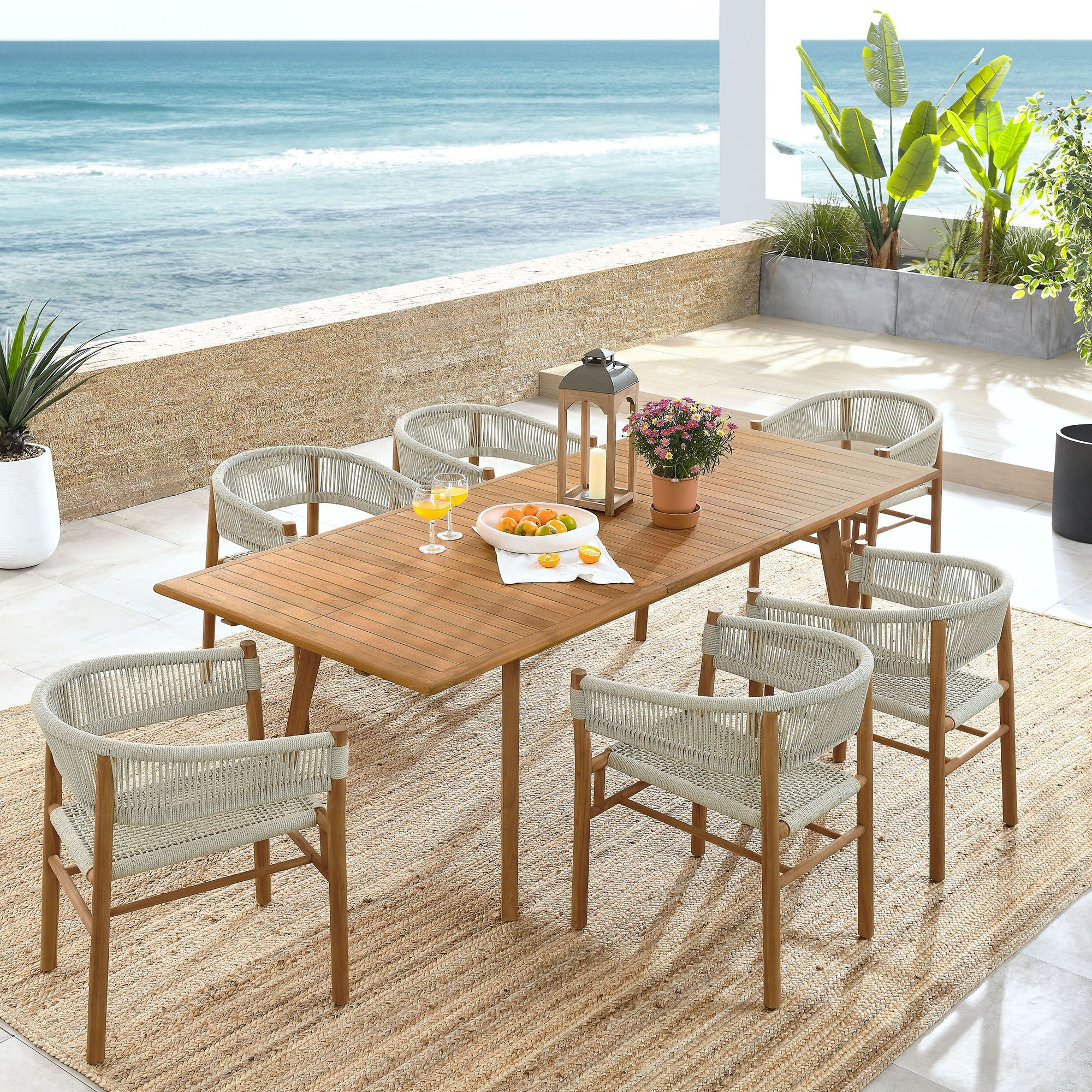 Vienna 7-Piece Outdoor Patio Teak and Rope Dining Set with Curved-Back Armchairs by Modway - Image 9
