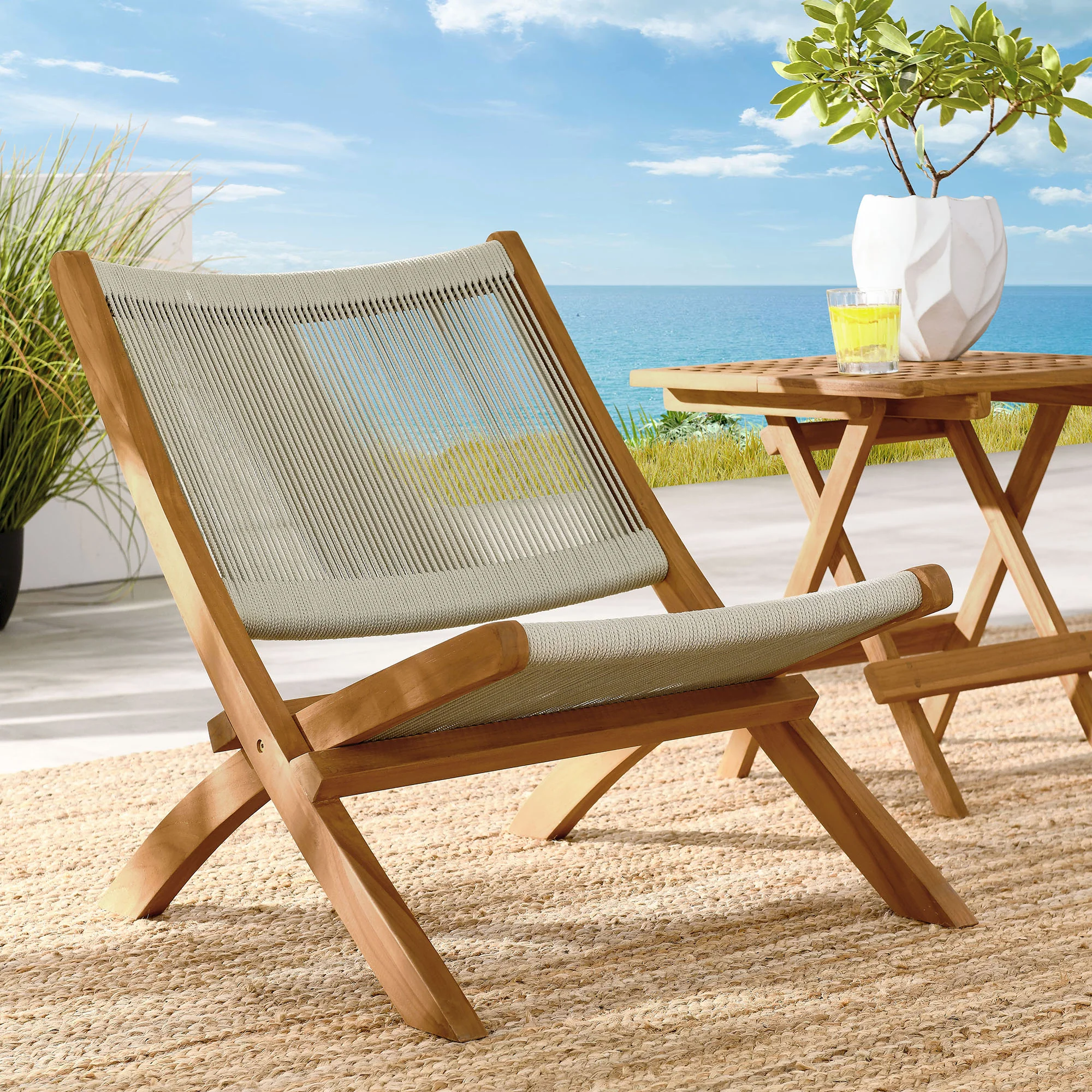 Vienna Outdoor Patio Teak and Rope Folding Accent Lounge Chair by Modway - Image 18