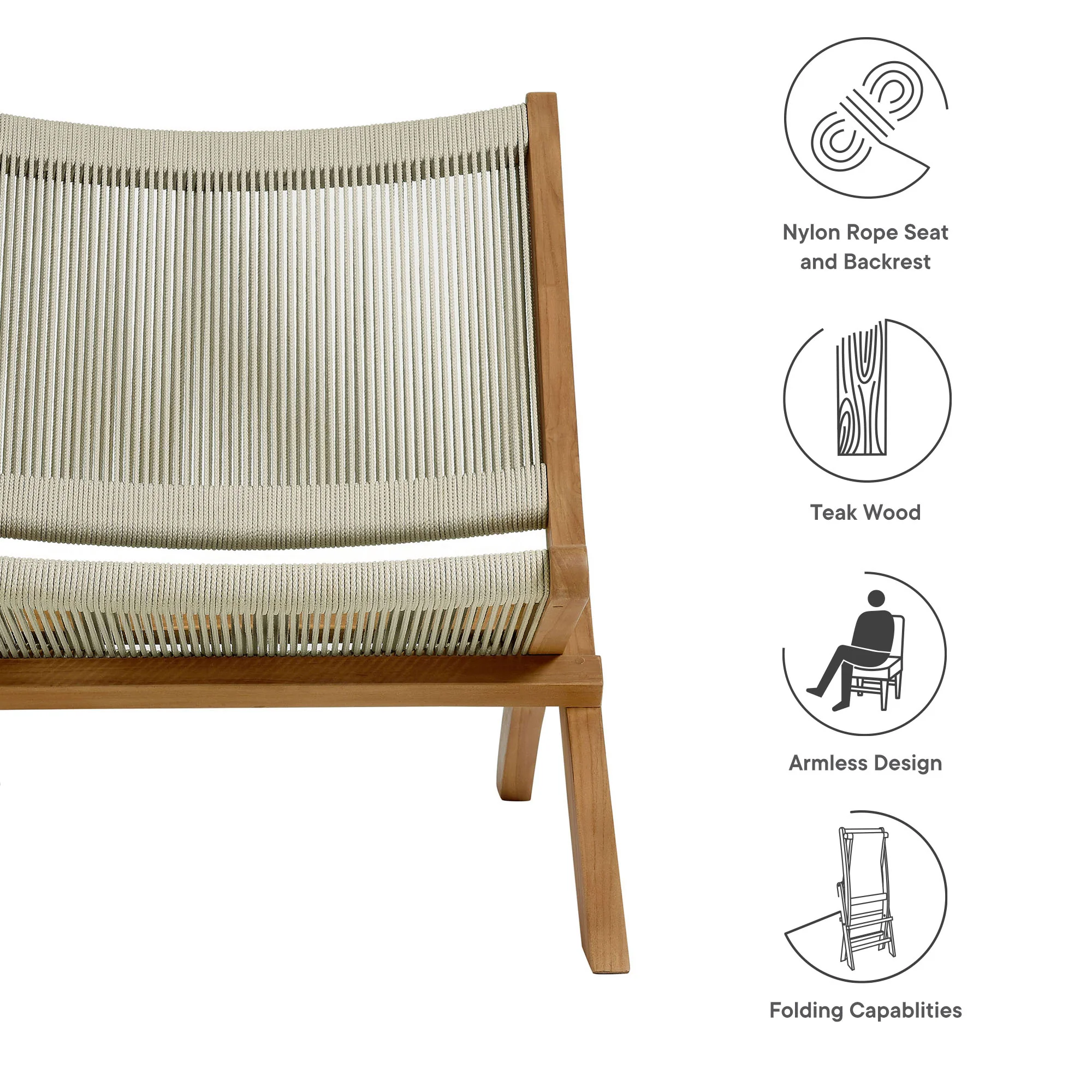 Vienna Outdoor Patio Teak and Rope Folding Accent Lounge Chair by Modway - Image 19
