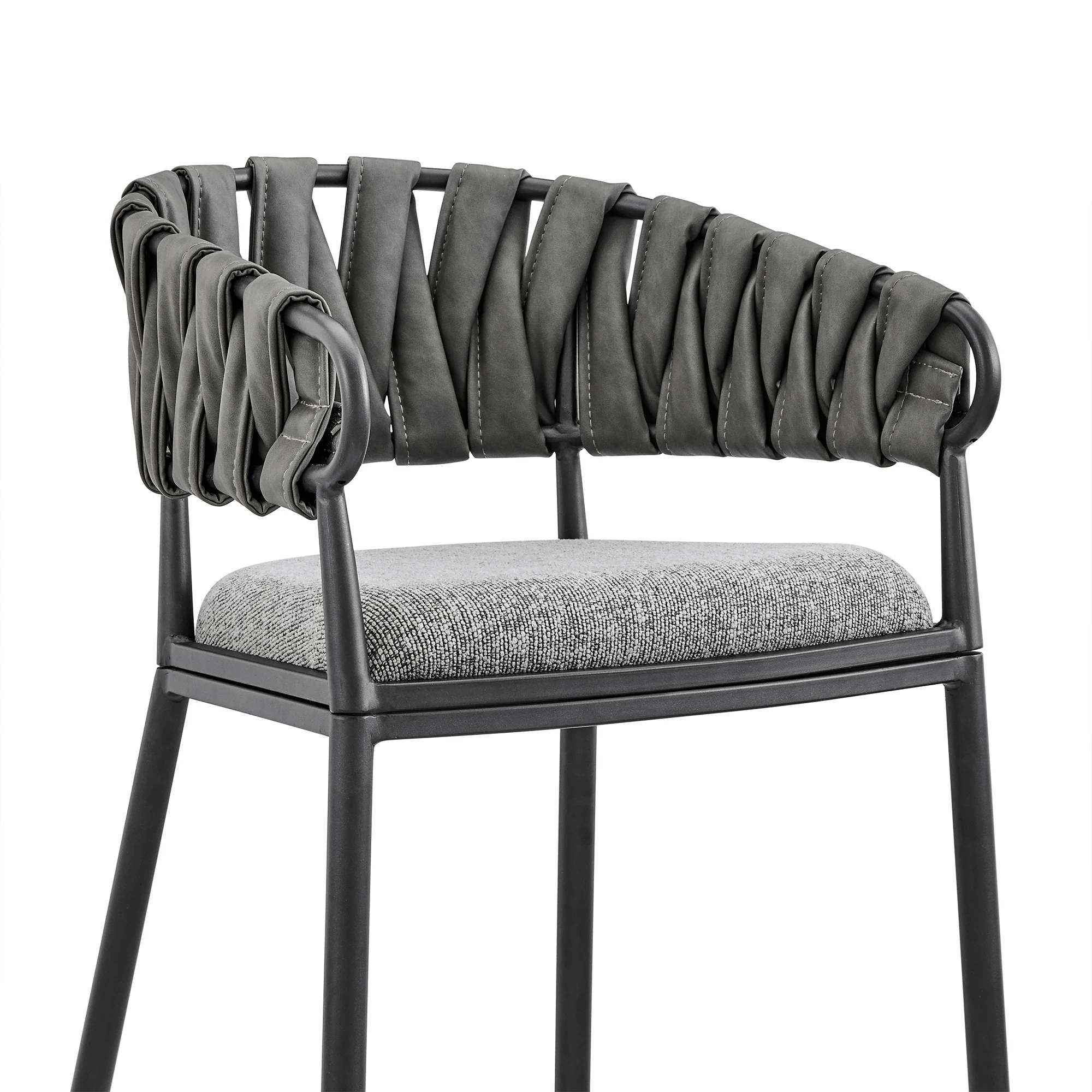 Vigona Bar Stool in Black Metal with Grey Fabric and Faux Leather By Armen Living - Image 7