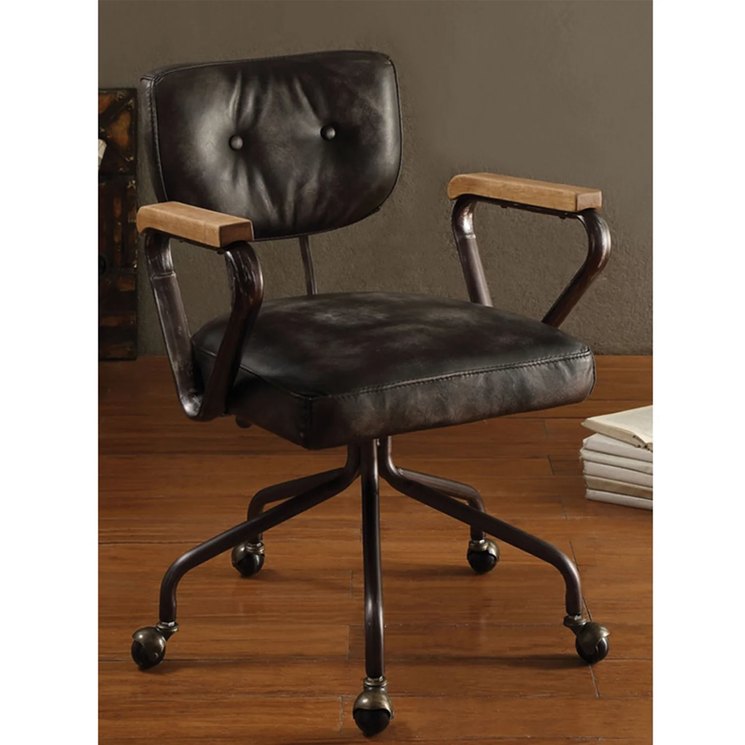 Vintage Black Top Grain Leather Office Chair By Homeroots