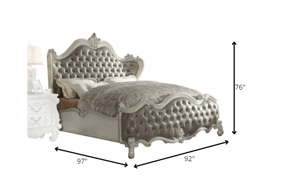 Vintage Gray Pu Bone White Wood Poly Resin Upholstery Eastern King Bed By Homeroots - Image 3