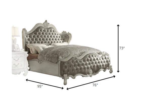 Vintage Gray Pu Bone White Wood Poly Resin Upholstery Queen Bed By Homeroots - Image 3