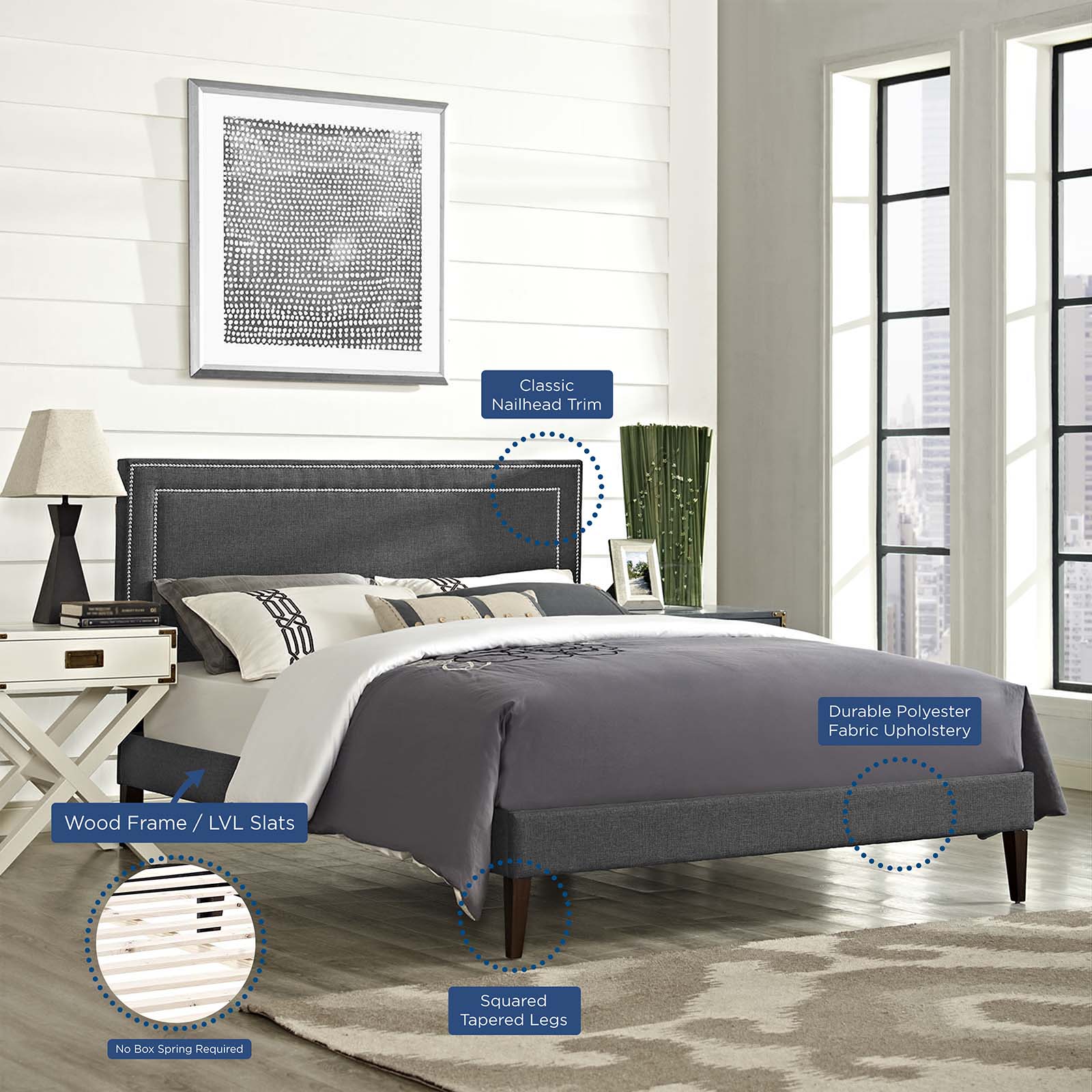Virginia Queen Fabric Platform Bed with Squared Tapered Legs By Modway - MOD-5923 - Image 6