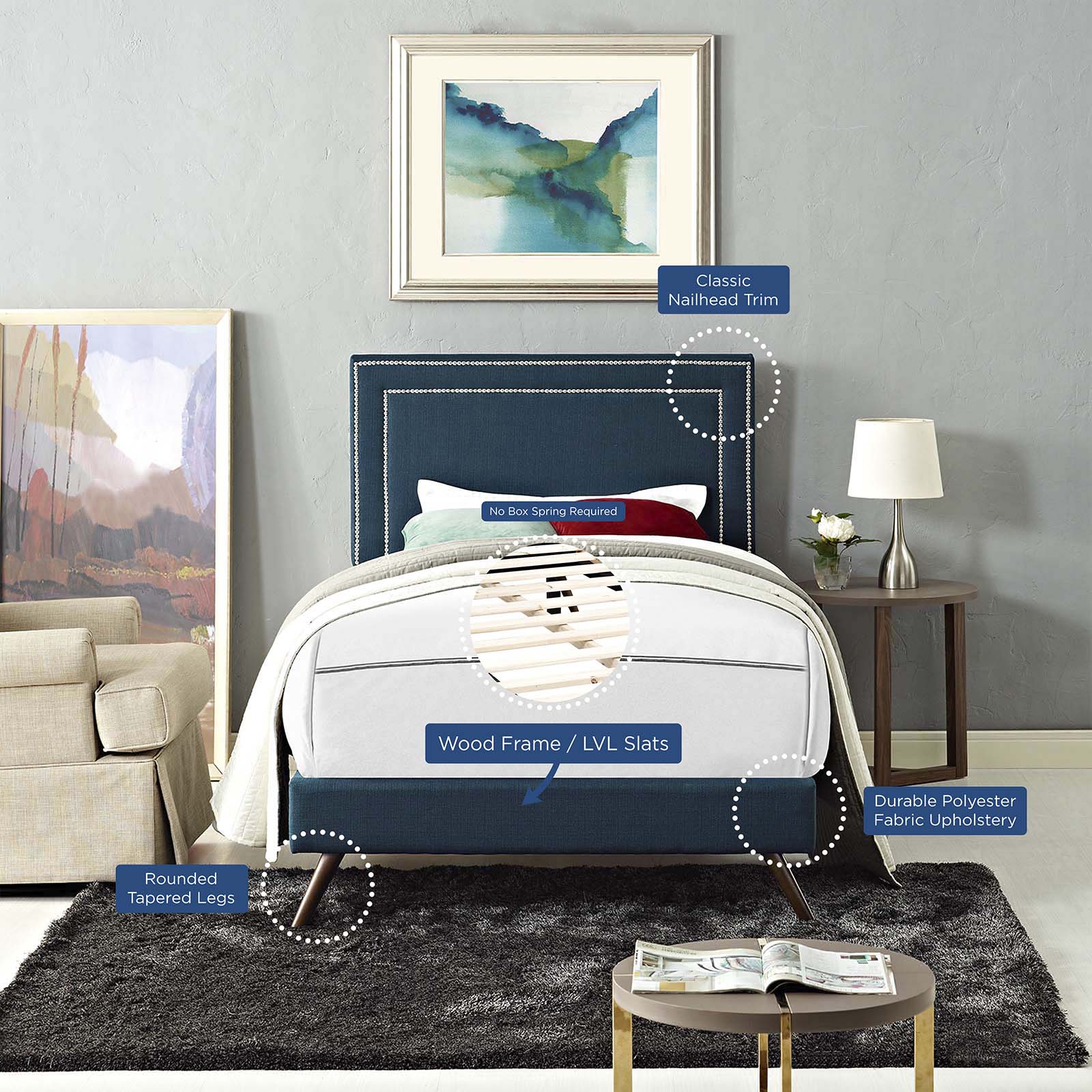 Virginia Twin Fabric Platform Bed with Round Splayed Legs By Modway - MOD-5911 - Image 6