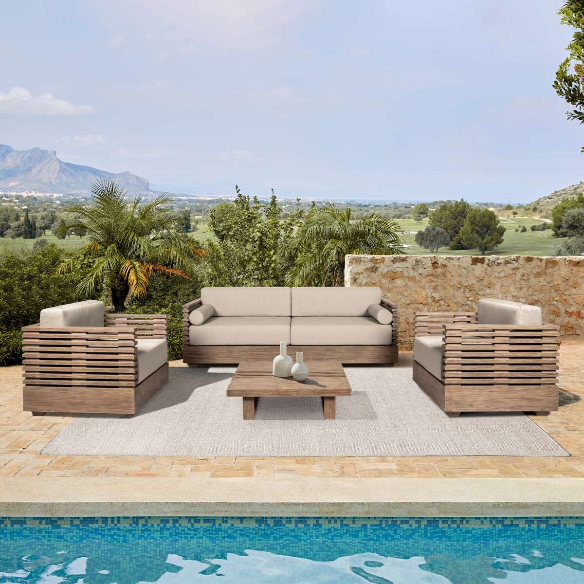 Vivid Outdoor Patio Sofa in Light Eucalyptus Wood with Taupe Olefin Cushions By Armen Living - Image 2