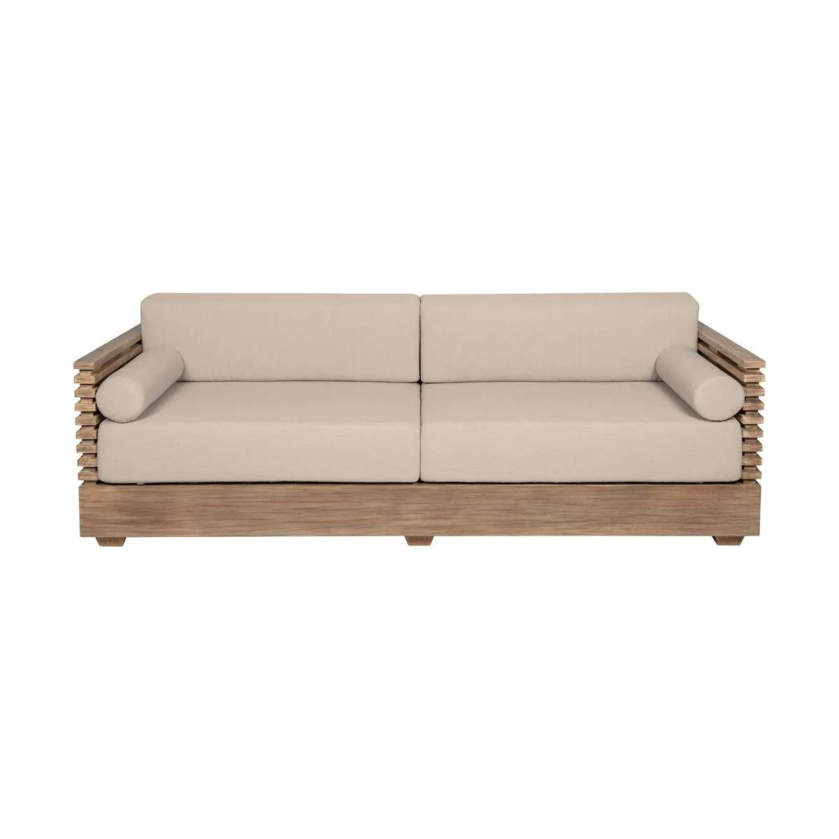Vivid Outdoor Patio Sofa in Light Eucalyptus Wood with Taupe Olefin Cushions By Armen Living - Image 3