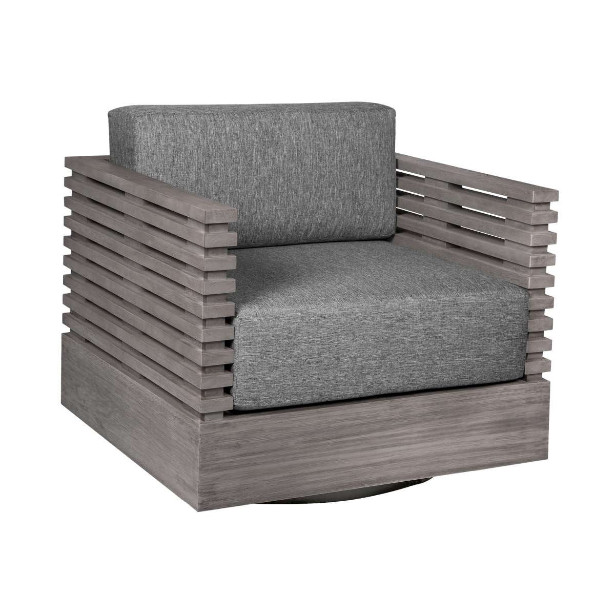 Vivid Swivel Outdoor Patio Chair in Gray Eucalyptus Wood with Gray Olefin Cushions By Armen Living - Image 2