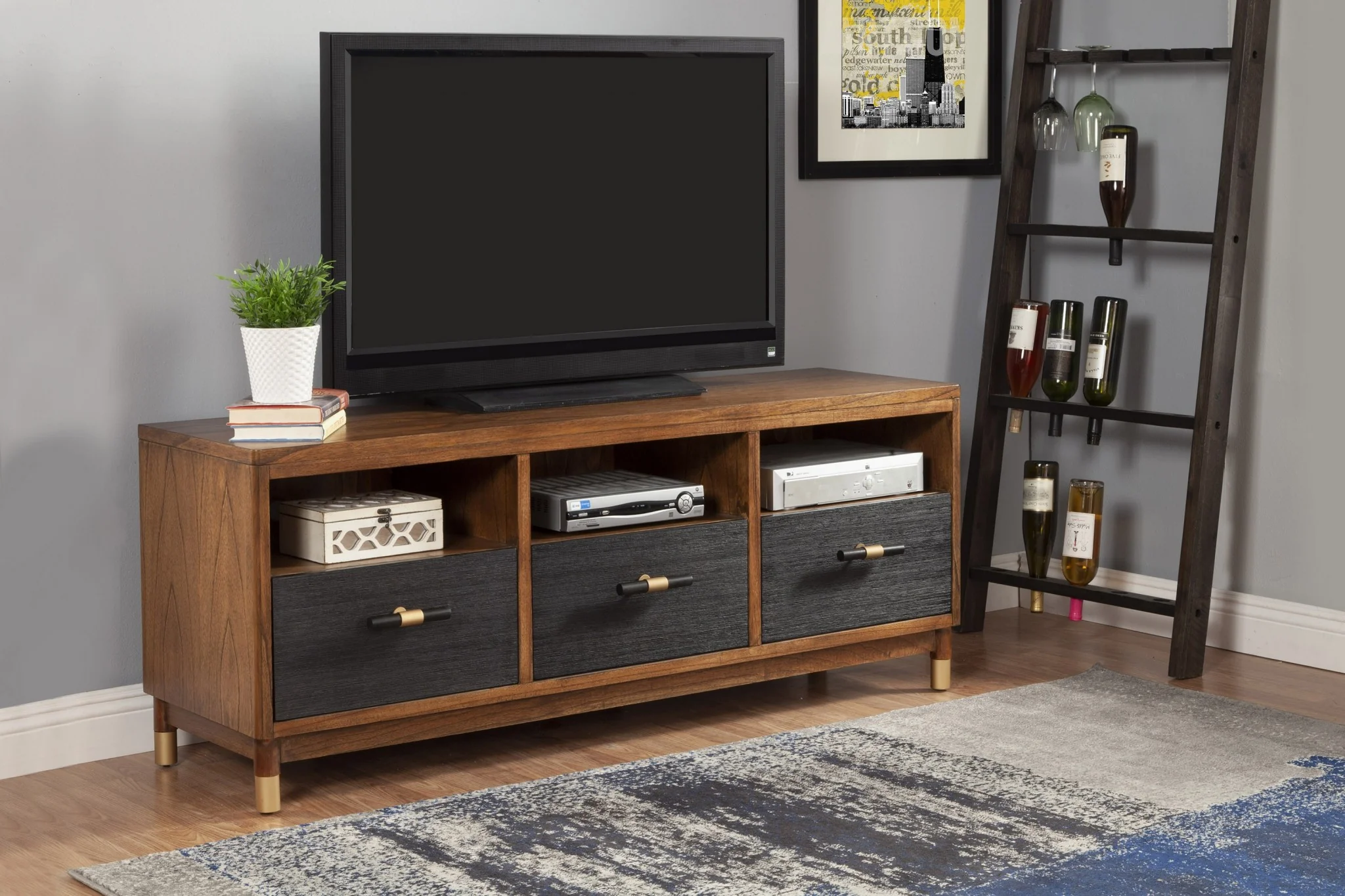 Walnut and Black Mid Century Modern TV Console By Homeroots - Image 2